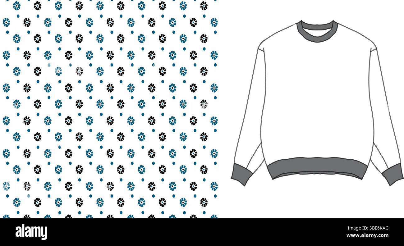 Weißes Sweatshirt mit Rundhalsausschnitt und kleinem Blumenmuster in Blau und Schwarz Stock Vektor