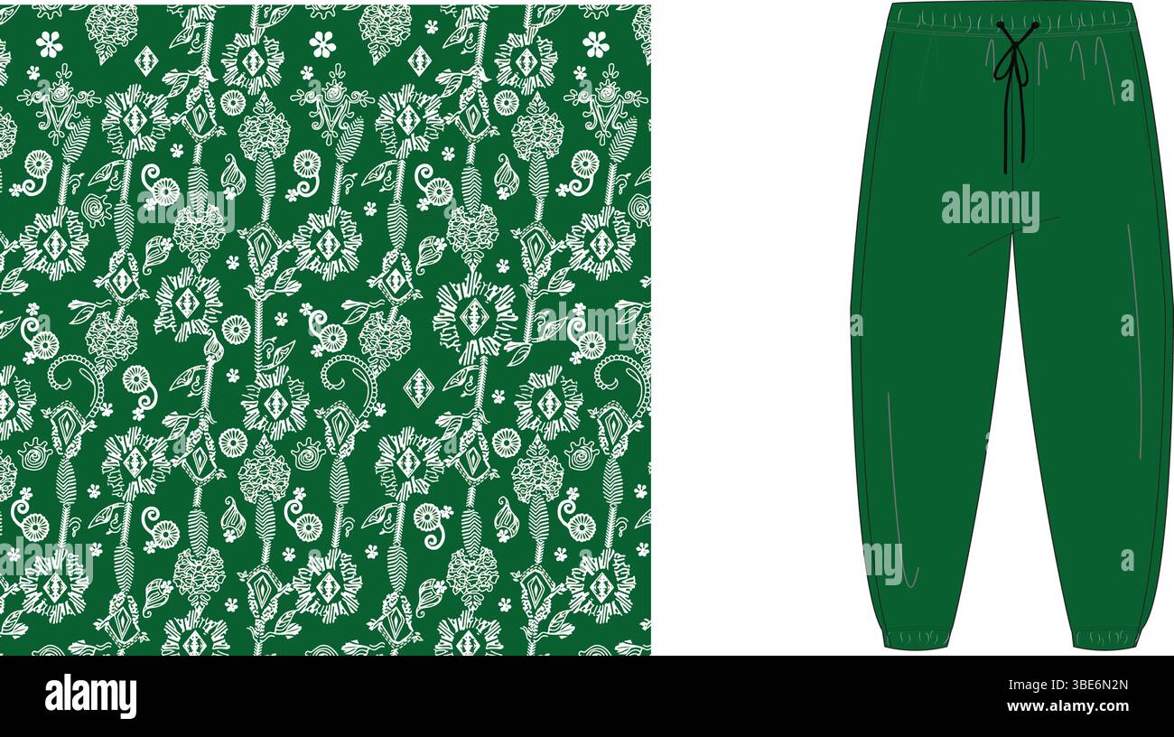 Smaragdgrüne Jogginghose mit weißem Blumenmuster und Paisley-Muster Stock Vektor
