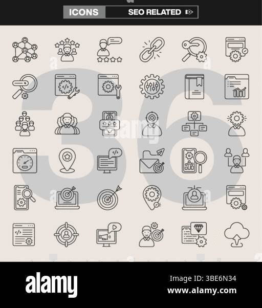 Eine Sammlung von SEO-bezogenen Symbolen, darunter Linkaufbau, Keyword-Recherche, Analysen, Inhaltsoptimierung, und Benutzerinteraktion. Stock Vektor