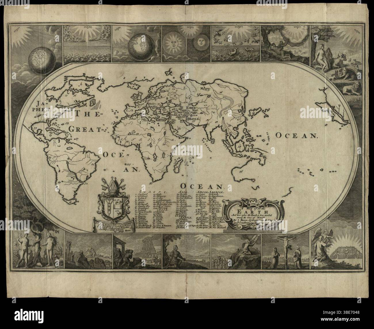 Joseph Moxon, Eine Karte der ganzen Erde und wie sie nach der Flut unter den Söhnen Noahs aufgeteilt wurde Stockfoto