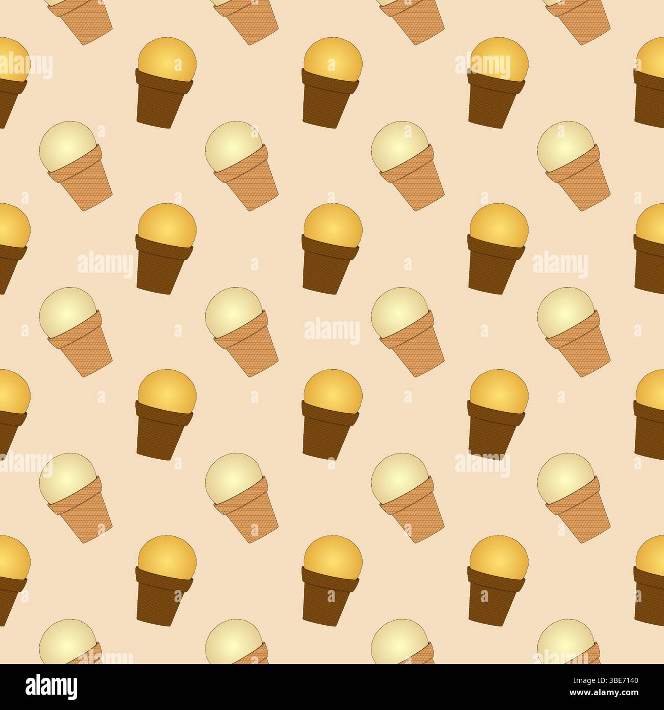Nahtloses Sommermuster mit Illustration von Eiswaffelbecher in ruhigen, weichen Tönen auf beigefarbenem Hintergrund. Für den Sommer, Essen, Nachtisch, Refreshin Stock Vektor