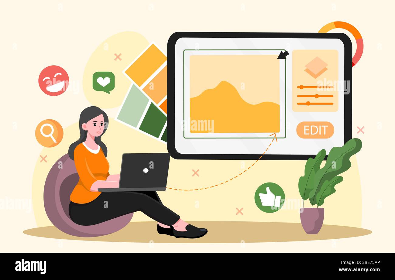 Grafikgrafik-Illustratorin. Junges Mädchen mit Laptop in der Nähe eines Tablets mit Bild. Talentierter Künstler und Grafikdesigner. Freiberufler arbeiten von zu Hause aus. Flach Stock Vektor