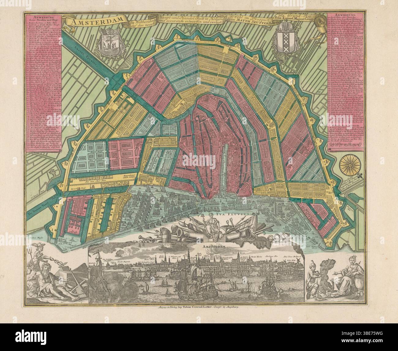 Karte und Profil von Amsterdam. Karte mit Gebäuden in Vogelperspektive, Archiv niederländische Bildkarte des Verlags: Tobias Conrad Lotter um 1730 Stockfoto