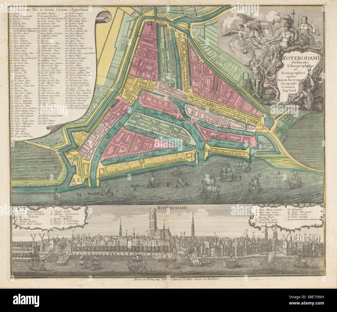 Karte und Profil von Rotterdam. Karte mit Gebäuden in Vogelperspektive, Archiv niederländische Bildkarte des Verlags: Tobias Conrad Lotter um 1730 Stockfoto