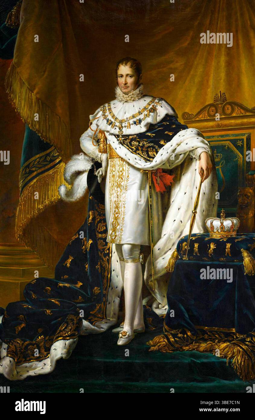 Porträt von Joseph Bonaparte ist ein Porträt des französischen Künstlers Francois Gérard aus dem Jahr 1808. Es zeigt Joseph Bonaparte, der kürzlich zum König von Spanien ernannt wurde, in seinen Krönungsgewändern. Joseph, der ältere Bruder Napoleons, war König von Neapel, bis er auf den spanischen Thron gesetzt wurde, der den Halbinsel-Krieg auslöste. Gérard, ein neoklassizistischer Maler und Schüler von Jacques-Louis David, schuf eine Reihe von Darstellungen der erweiterten Bonaparte-Dynastie. Heute befindet sich das Gemälde in der Sammlung des Palastes von Fontainebleau außerhalb von Paris, das 1981 erworben wurde. Stockfoto