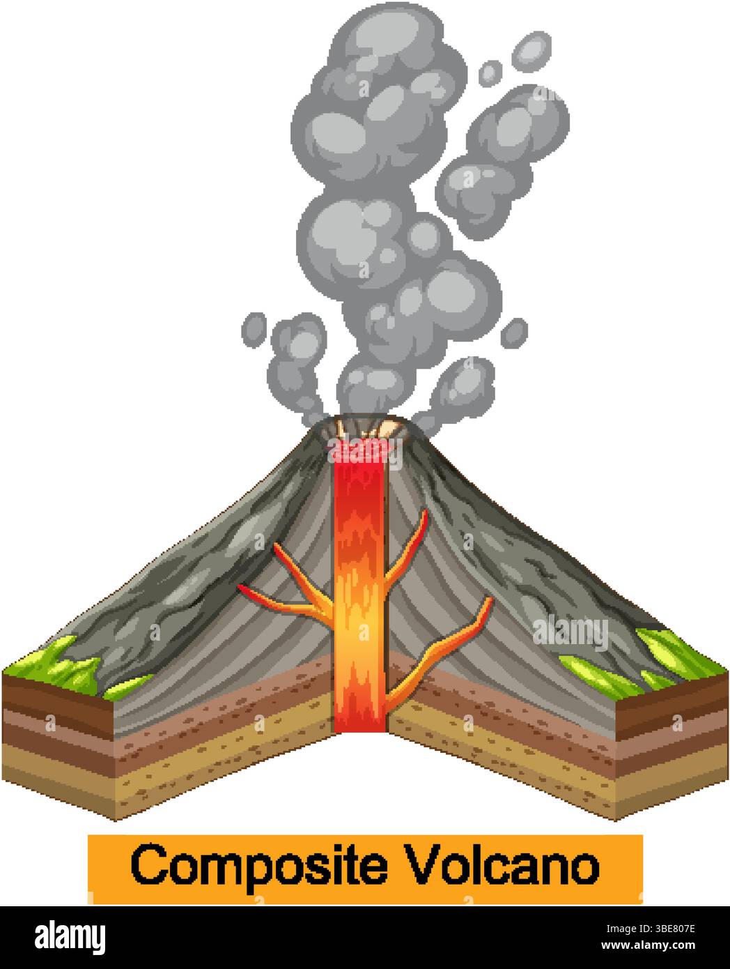 Detaillierte Vektor-Illustration eines kombinierten Vulkanquerschnitts mit lebhaften Farben und klaren geologischen Schichten Stock Vektor