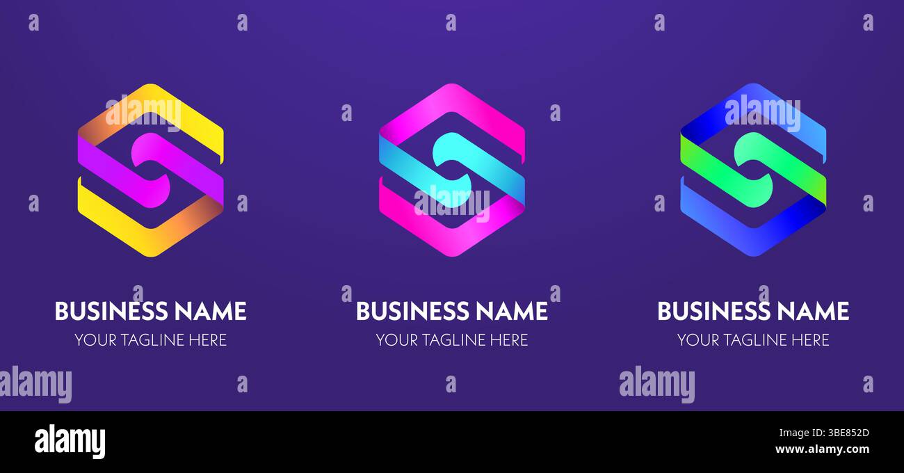 Ein Satz lebendiger sechseckiger Logos mit 3D-Farbverlauf mit dynamischen Formen, geeignet für moderne Marken, Tech-Startups oder Designagenturen. Stock Vektor