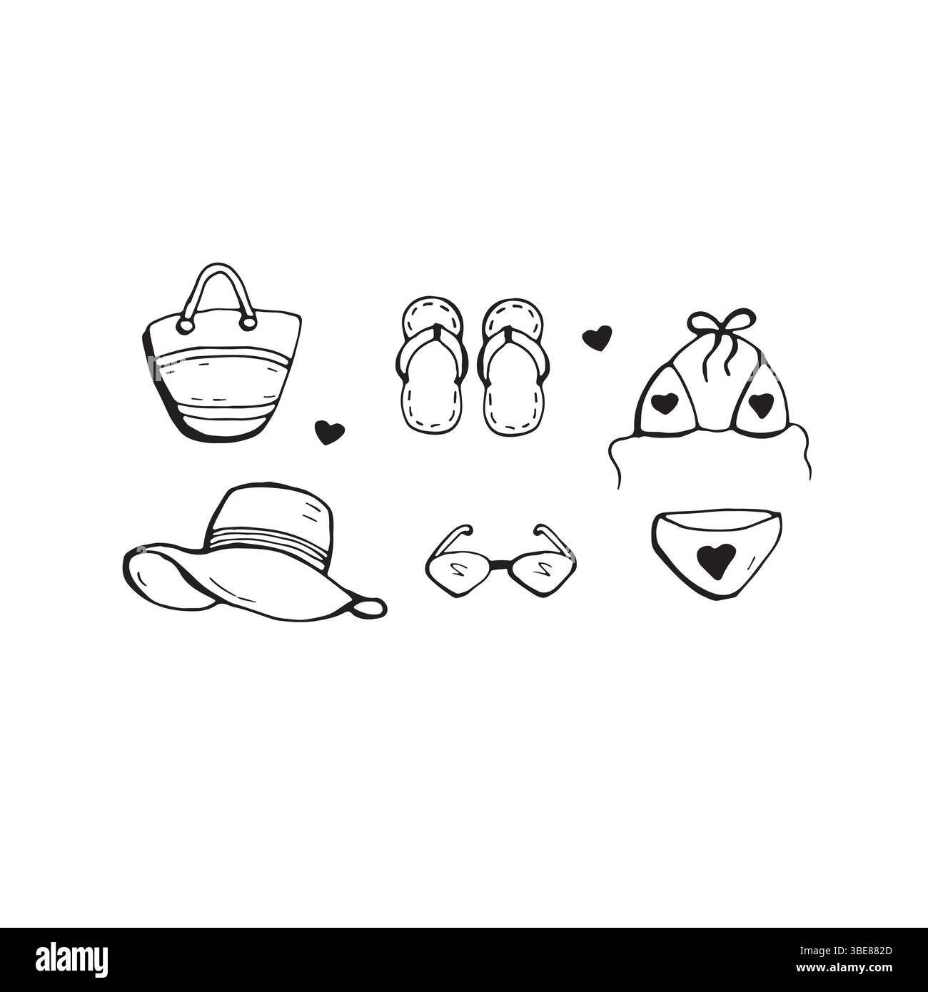 Kritzelvektor-Set von Sommerkleidung. Reisekonzept für Strandurlaub. Handgezeichnetes Schwarzweiß-Paket mit Symbolen Stock Vektor