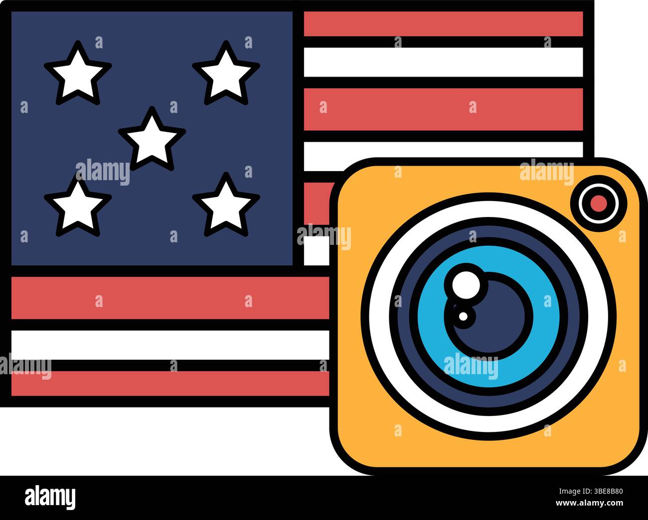 Eine Nahaufnahme einer Kamera mit einer roten, weißen und blauen amerikanischen Flagge im Hintergrund. Die Kamera ist so positioniert, dass sie auf die Sterne auf der Flagge blickt Stock Vektor