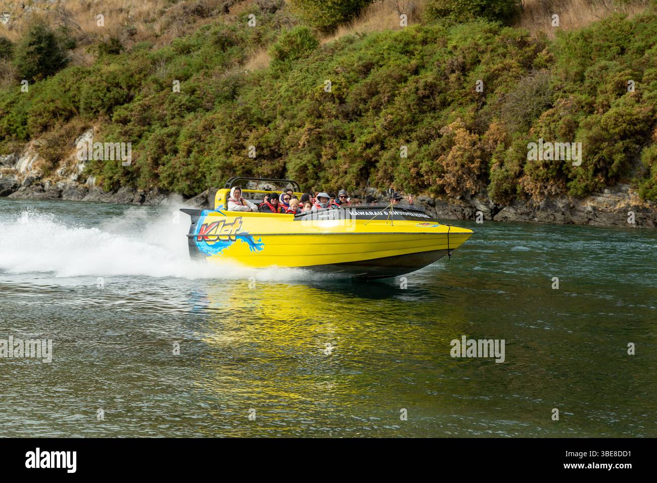 KJet - Queenstown Jet Boot auf dem Kawarau River, Queenstown, Otago, Neuseeland Stockfoto
