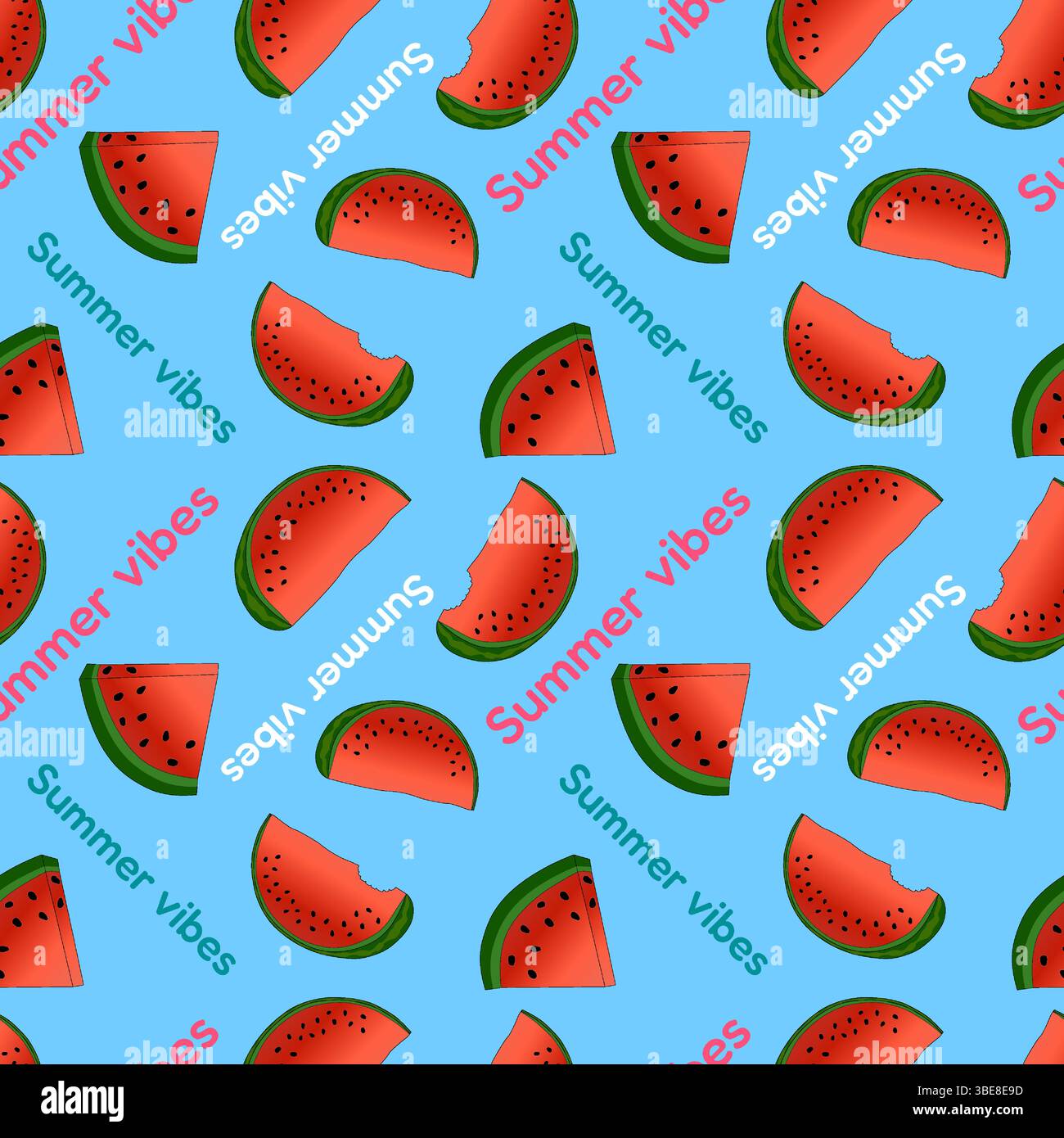 Nahtlose Muster Sommer Vibes Vektor-Illustration von Wassermelonschnitten auf einem blauen Hintergrund. Appetitliche saftige Beere. Für den Sommer, Essen, Nachtisch, fr Stock Vektor