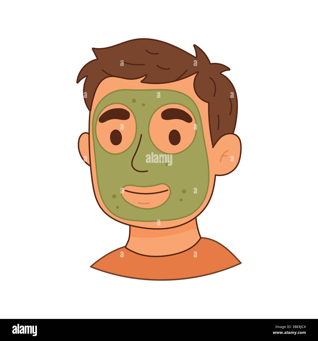 Cartoon eines Mannes mit grüner Tonmaske, die auf das ganze Gesicht aufgetragen wird und die Entgiftung und porenreinigende Hautpflege darstellt. Stock Vektor