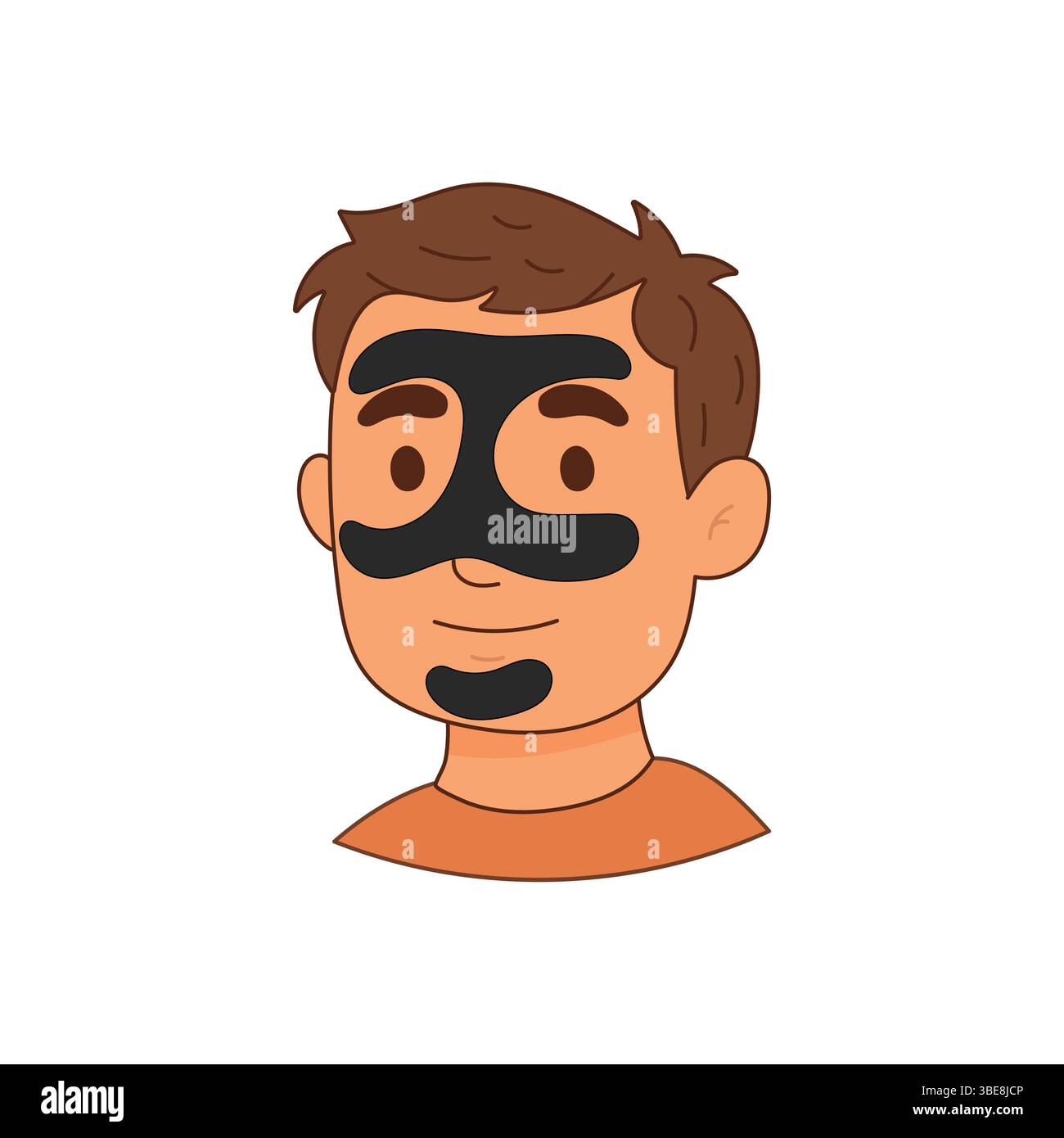 Cartoon eines Mannes mit schwarzer Hautpflegemaske, die auf T-Zone, Wangen und Kinn aufgetragen wird, um die Porenporen zu reinigen und Öl zu kontrollieren. Stock Vektor