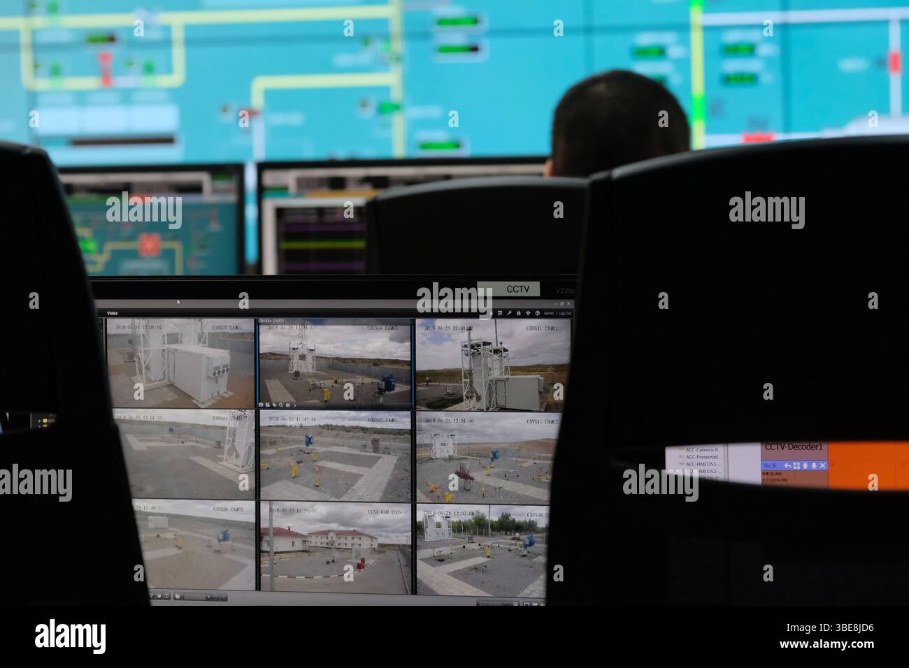 Abteilung für die Verwaltung des Gasnetzes mit Monitoren und Sensoren. Stockfoto