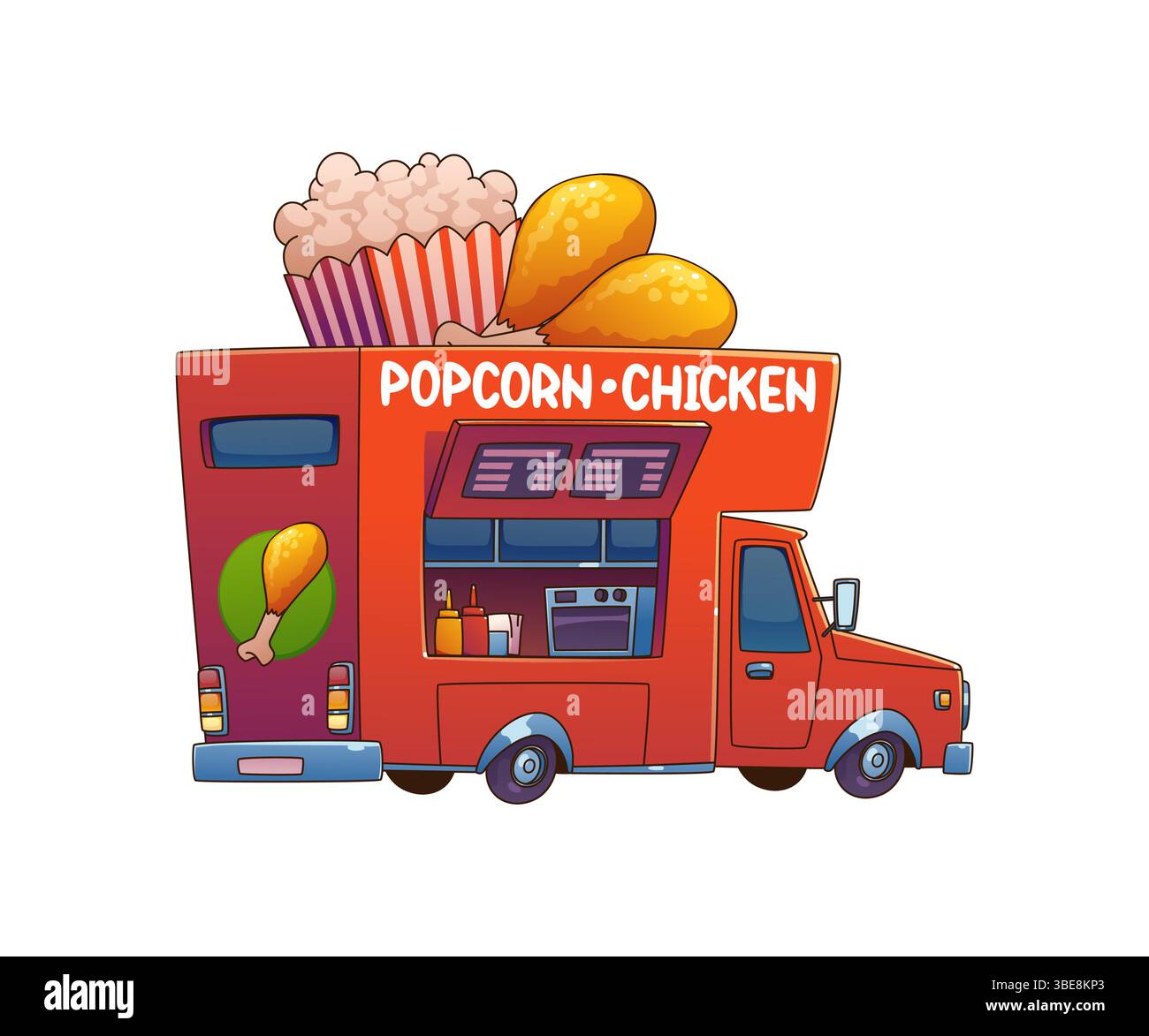 Food Truck oder Street Food Festival Van Auto mit Popcorn und gebratenem Huhn, Cartoon Vektor. Kiosk für Fast-Food-Trucks oder Street-Food-Stand mit Hühnchengrill und Popcorn-Snacks im Minibus für den Straßenmarkt Stock Vektor