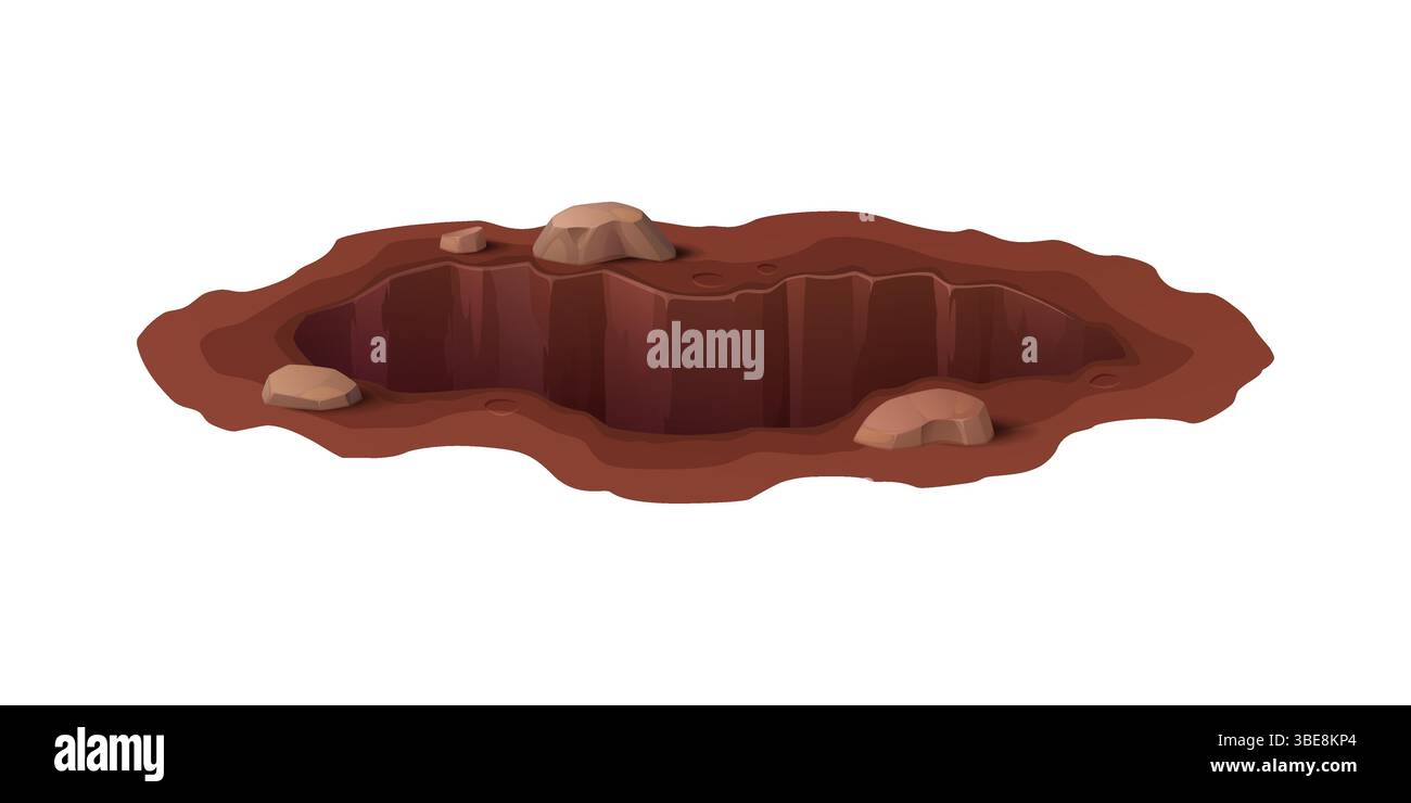 Cartoon-Bodenloch, tiefe schmutzige Grube und Höhlen. Baustelle, Bodenerosionsgrube oder Erdbeben Naturkatastrophe tiefes und schlammiges Loch im Boden, isolierte Vektortiergrube mit Steinen an Kanten Stock Vektor