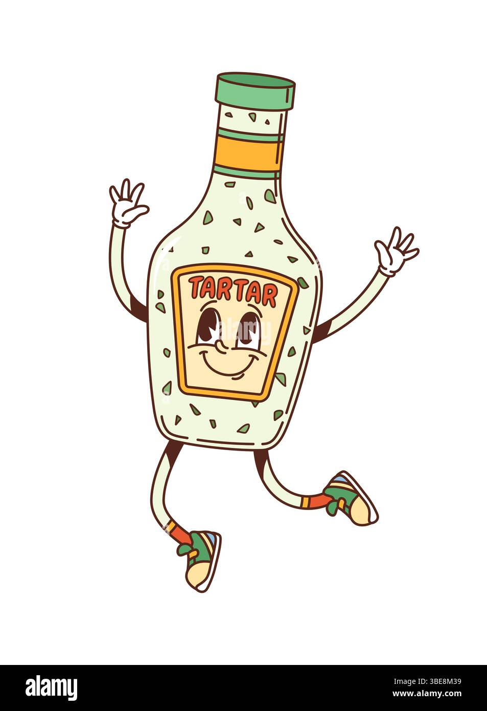 Cartoon groovige Tartar Soße Flaschenfigur zeigt Spaß und lebhaften Ausdruck. Isolierte Vektorglaspackung Retro-Persönlichkeit mit lächelndem Gesicht, verströmt Hippie y2k-Vibe bereit für kulinarische Erlebnisse Stock Vektor