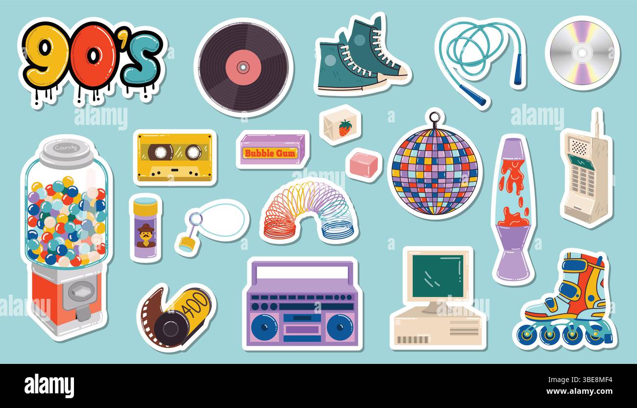 Sticker-Set mit Retro-Vibe der 90er Jahre mit farbenfrohen Zeichentrickspielzeugen, Süßigkeiten und Gadgets im flachen Stil. Lustige nostalgische Kollektion, perfekt für Kinder, Jugendliche, Stock Vektor
