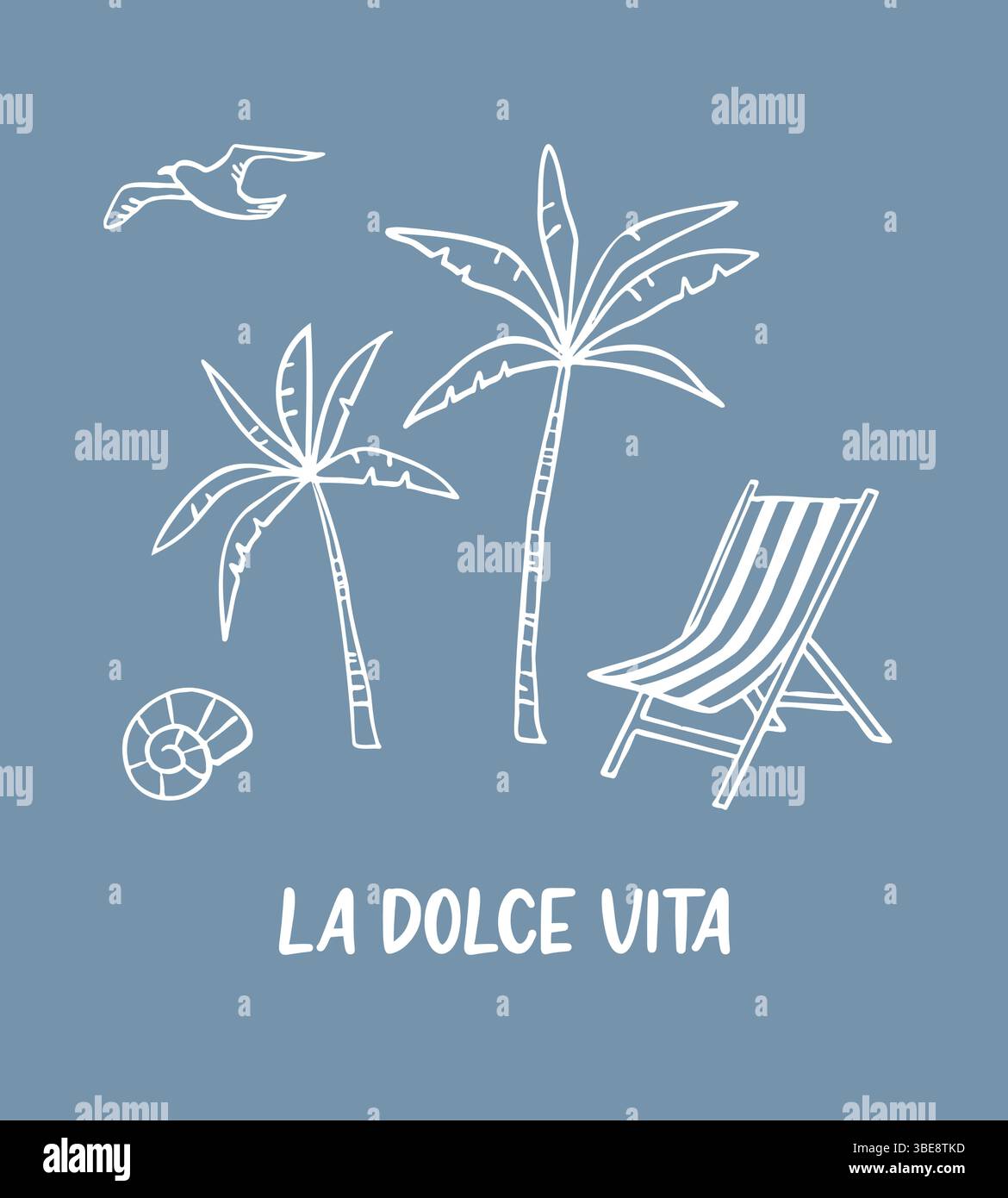 Hand Draw Sommer Kollektion. Palme, Meer. Zeichenstil mit Buntstift, italienisch la dolce vita Stock Vektor