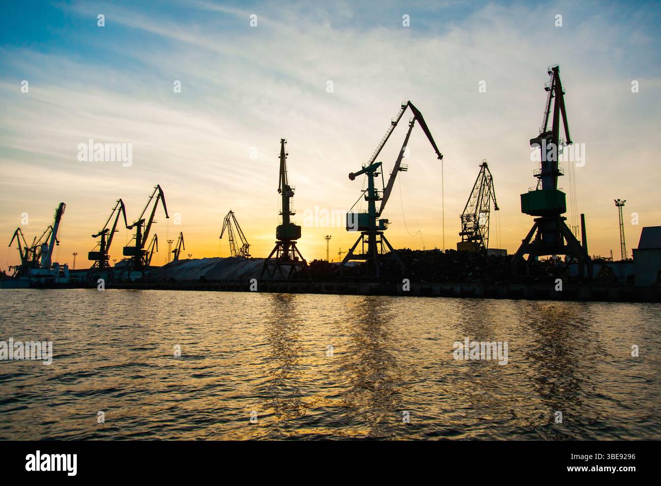 Silhouetten von Kranichen im Seehafen bei Sonnenuntergang. Stockfoto