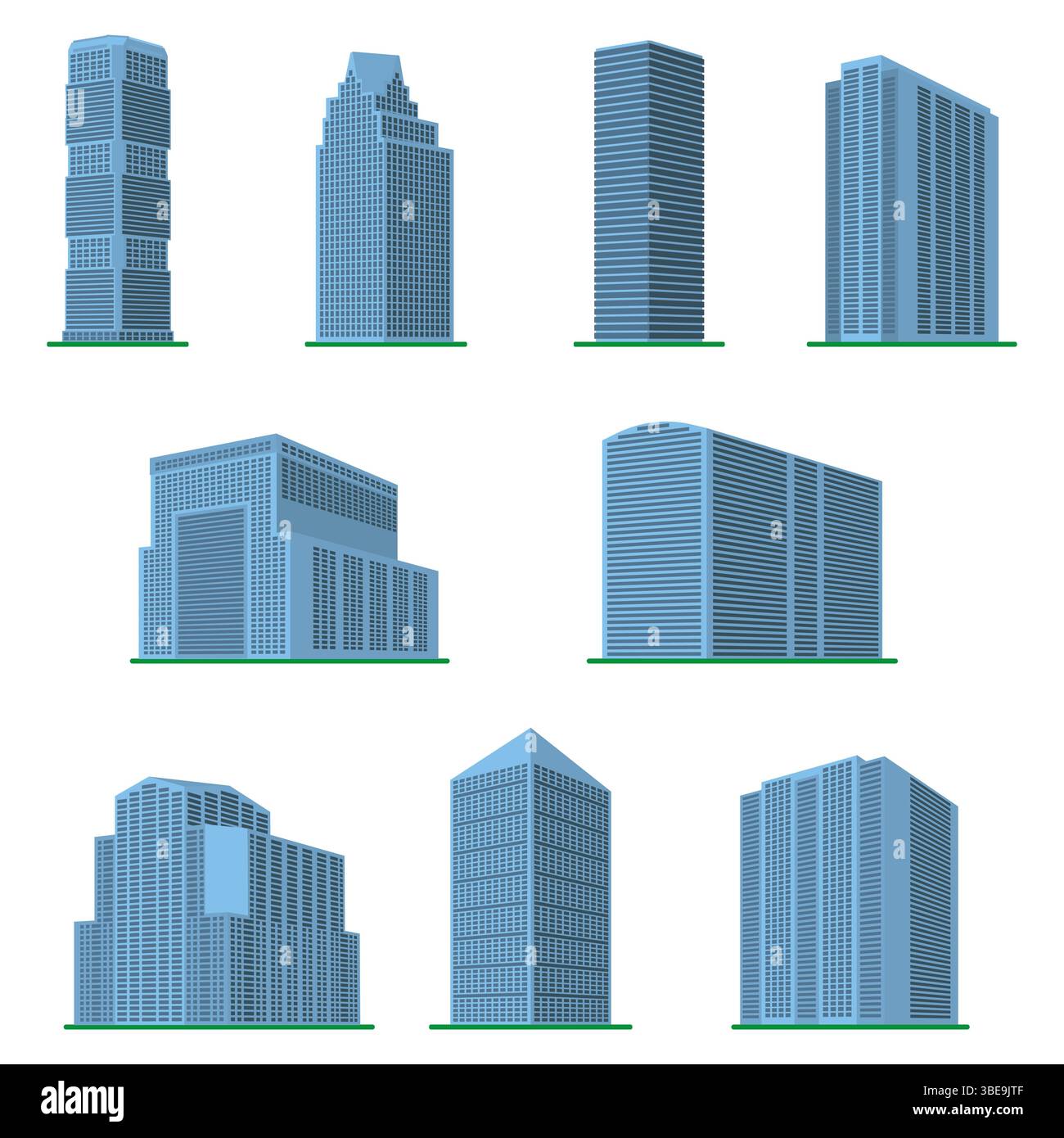 Neun moderne Hochhäuser auf weißem Hintergrund. Blick auf das Gebäude von unten. Abbildung des isometrischen Vektors. Stock Vektor