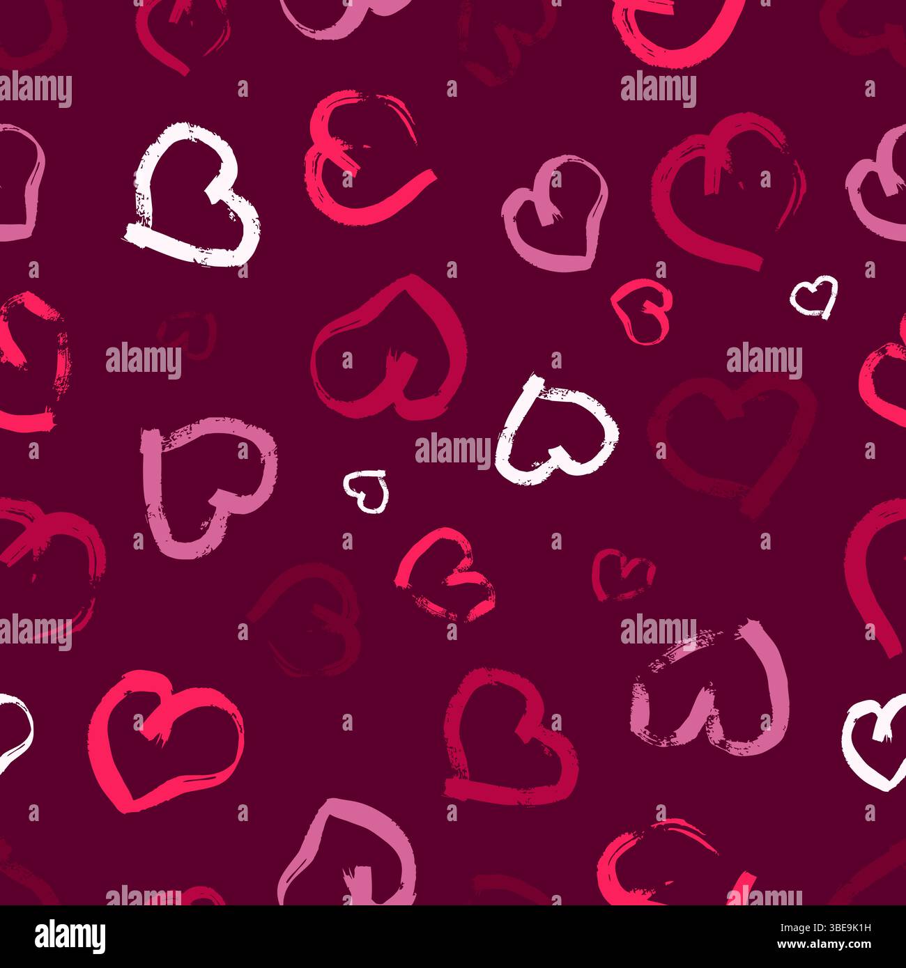 Nahtloses Muster mit handgezeichneten Herzen. Mehrfarbige Herzen auf rosa Hintergrund mit Doodle Grunge. Vektorabbildung. Stock Vektor