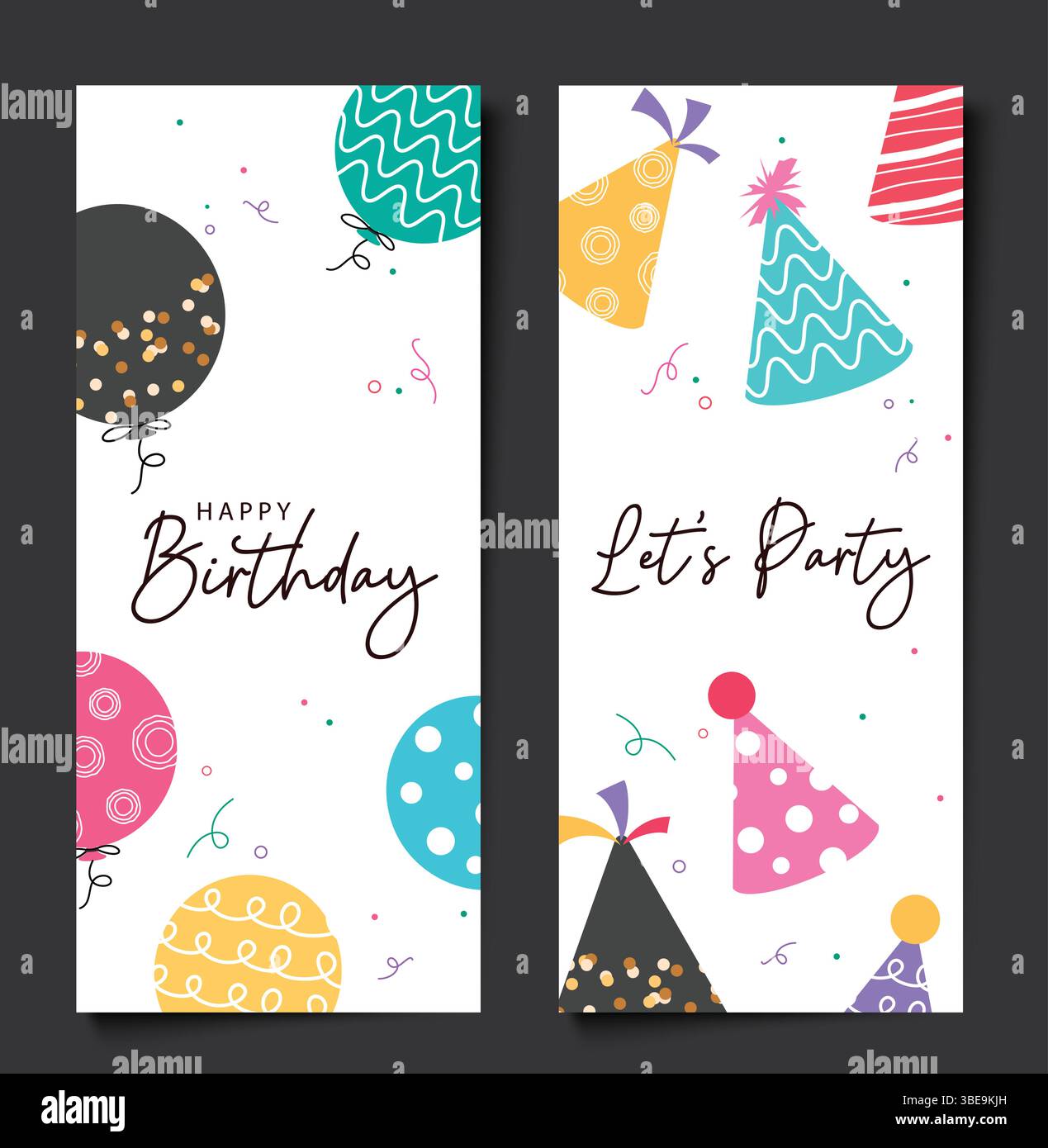 Text-Clip-Art-Kollektion mit Happy Birthday-Begrüßung und farbenfrohen Ballons und Partyhüten Stock Vektor
