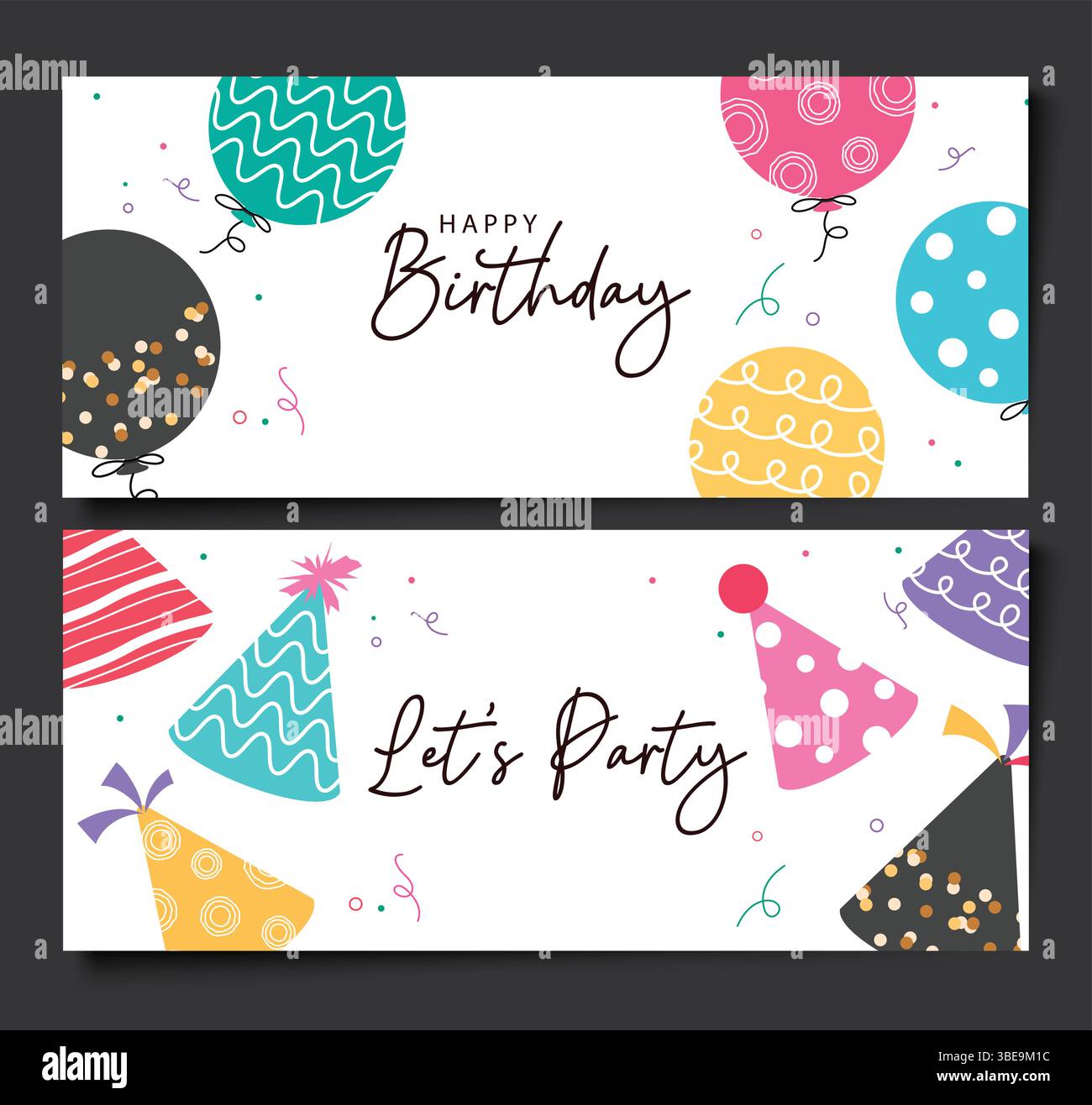 Text-Clip-Art-Kollektion mit Happy Birthday-Begrüßung und farbenfrohen Ballons und Partyhüten Stock Vektor