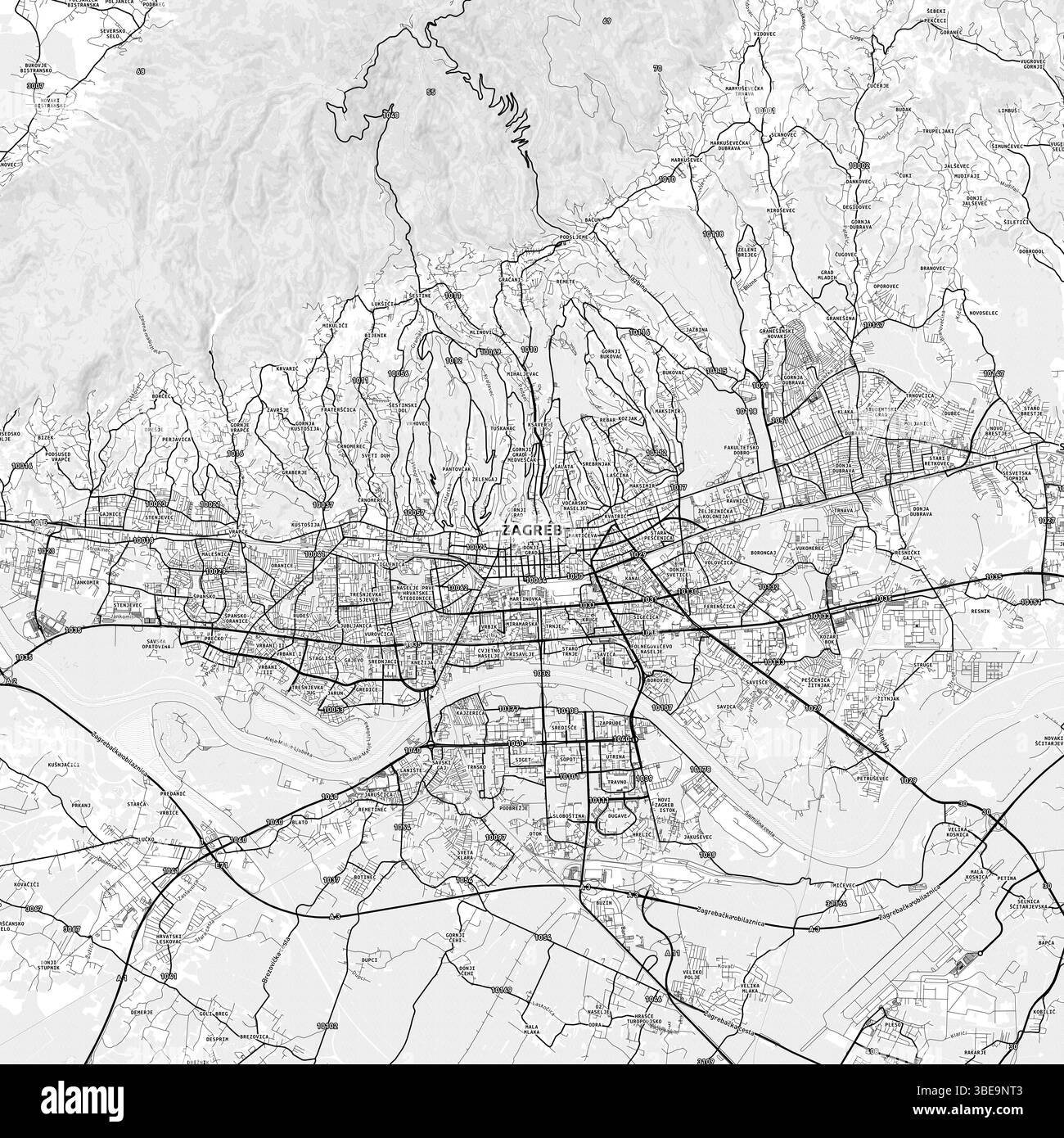 Minimalistische Stadtkarte Zagreb mit Labels und Stadtvierteln mit vielen Details für städtische Straßen, Wege und Flecken. Nordisches Design in hellem Kartenstil mit Stockfoto