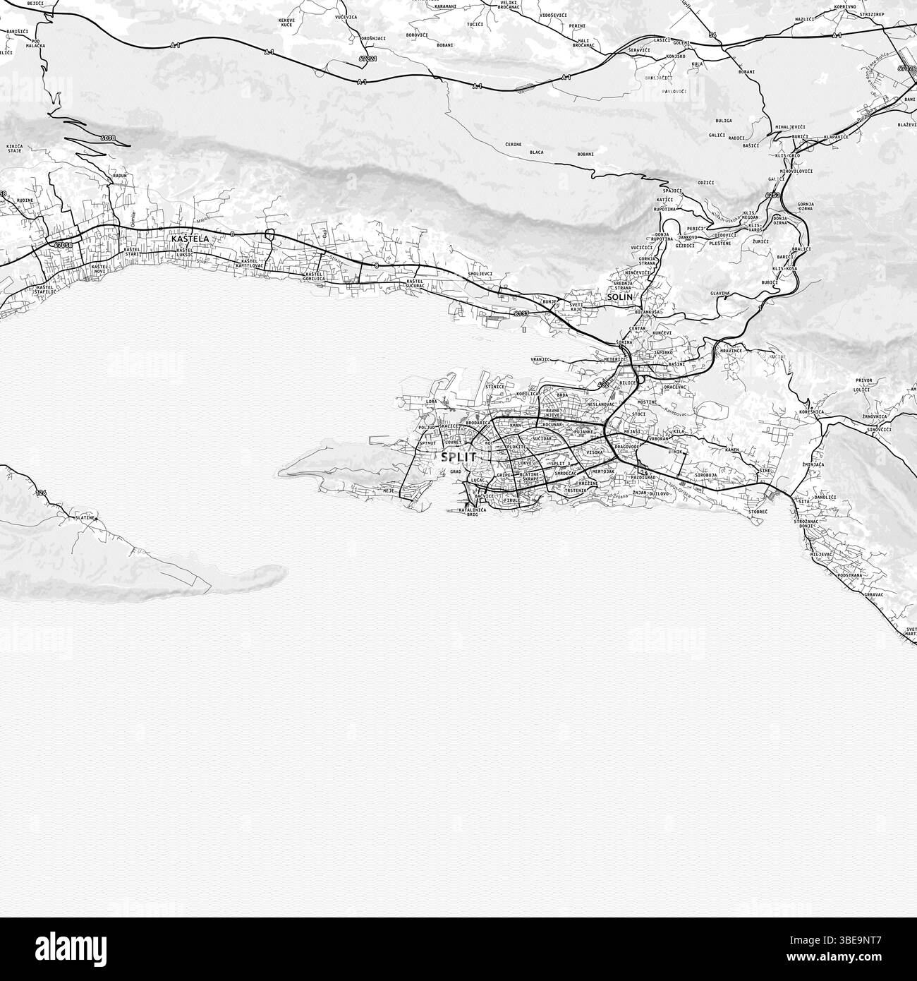Minimalistische Split Area Map mit Labels und Stadtvierteln mit vielen Details für städtische Straßen, Wege und Landstriche. Nordisches Design im hellen Kartenstil mit Stockfoto
