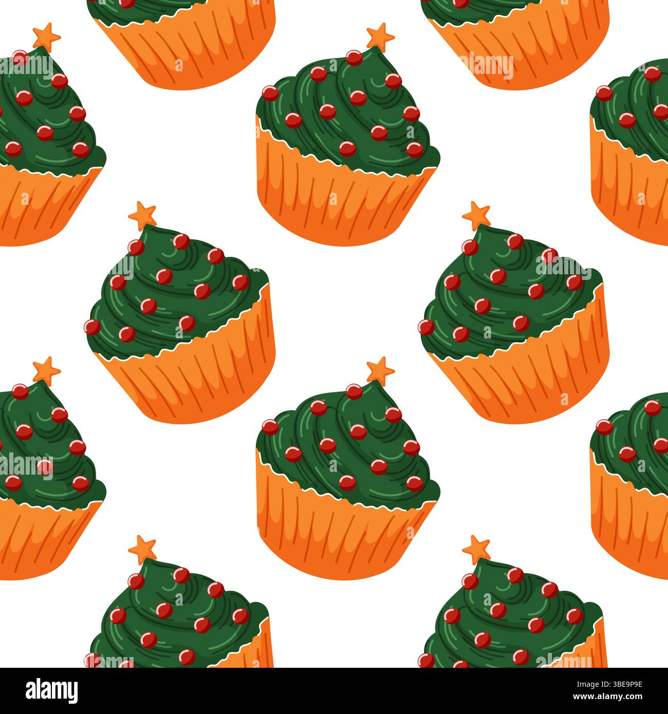 Nahtloses Muster mit festlichem Cupcake, dekoriert wie ein Weihnachtsbaum mit grünem Zuckerguss im Cartoon-Stil. Perfekt für Urlaubsgestaltung, Karte und Stock Vektor