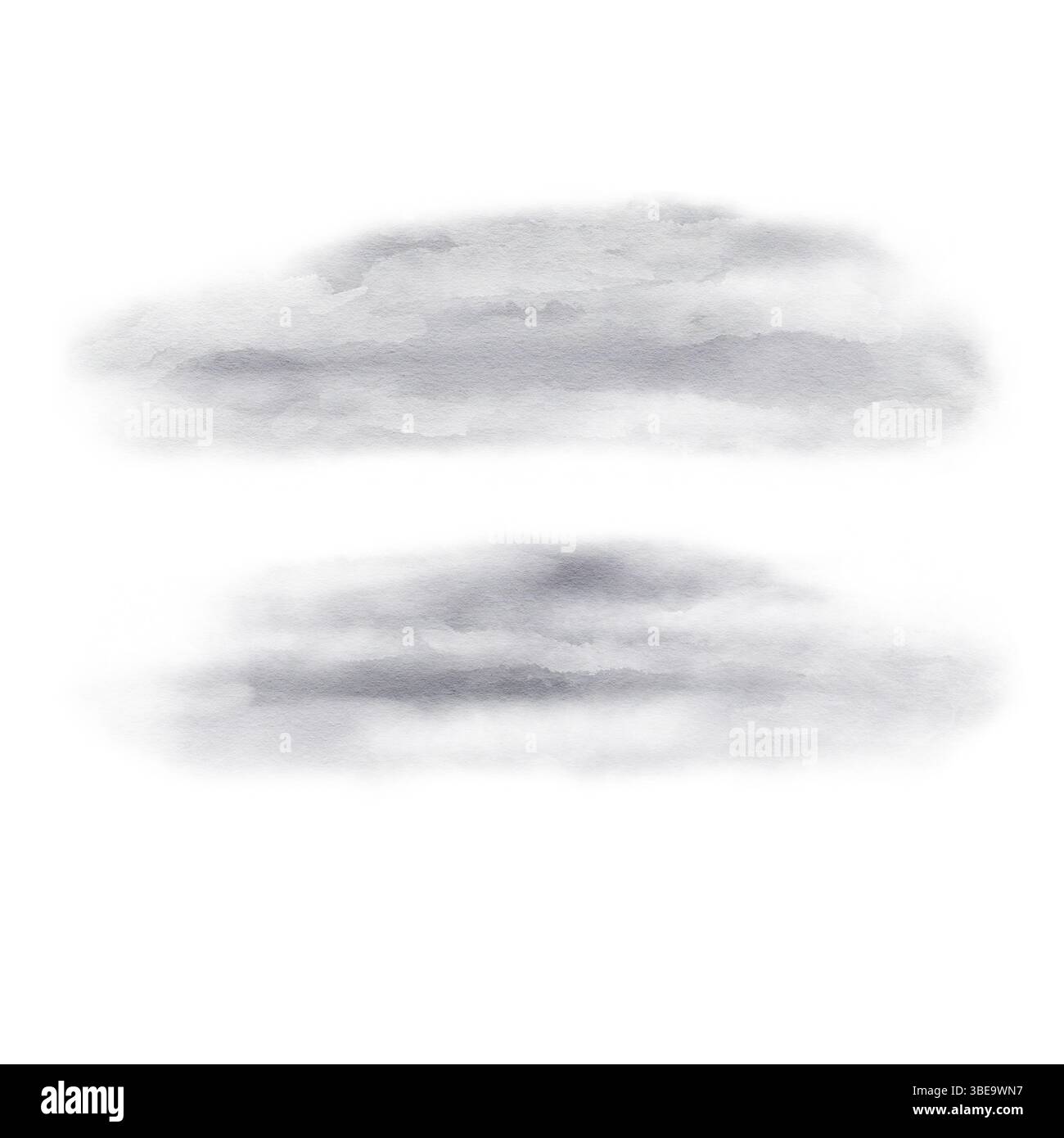 Graue, luftige Lichtwolken. Himmel in neutraler Farbe. Ovale, lang gestreckte Wolken. Düsterer nasser Nebel. Durchscheinende Aquarellflecken. Aquarellabbildung ohne Stockfoto