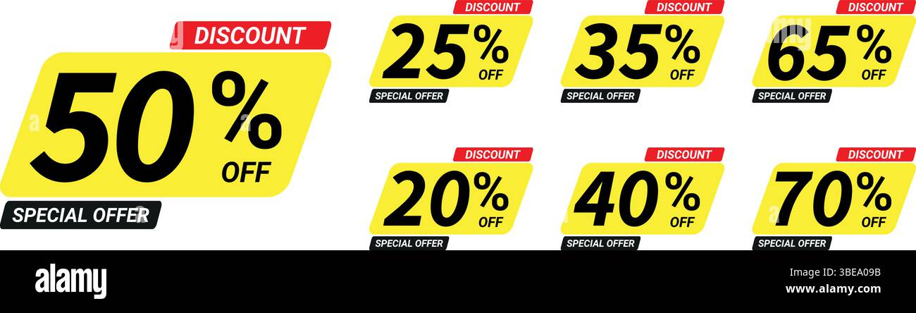 Gelbe und schwarze Rabattetiketten mit roten Kopfzeilen, die verschiedene Rabatte auf Angebote für Verkaufs-Tags anzeigen Stock Vektor