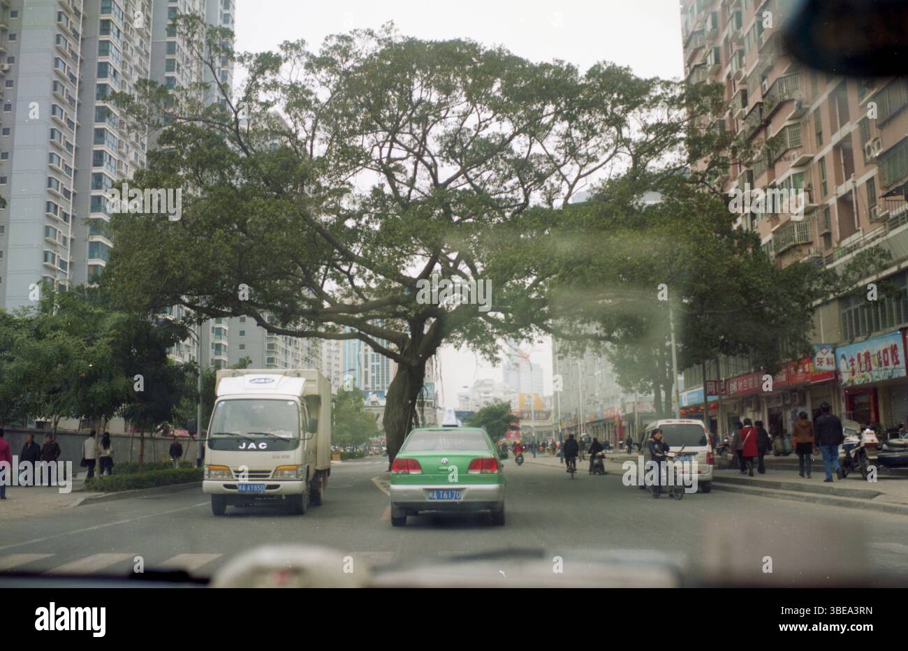 Fuzhou Street Scene aus den frühen 2010er Jahren mit Banyan Tree, Taxi und Verkehr Stockfoto