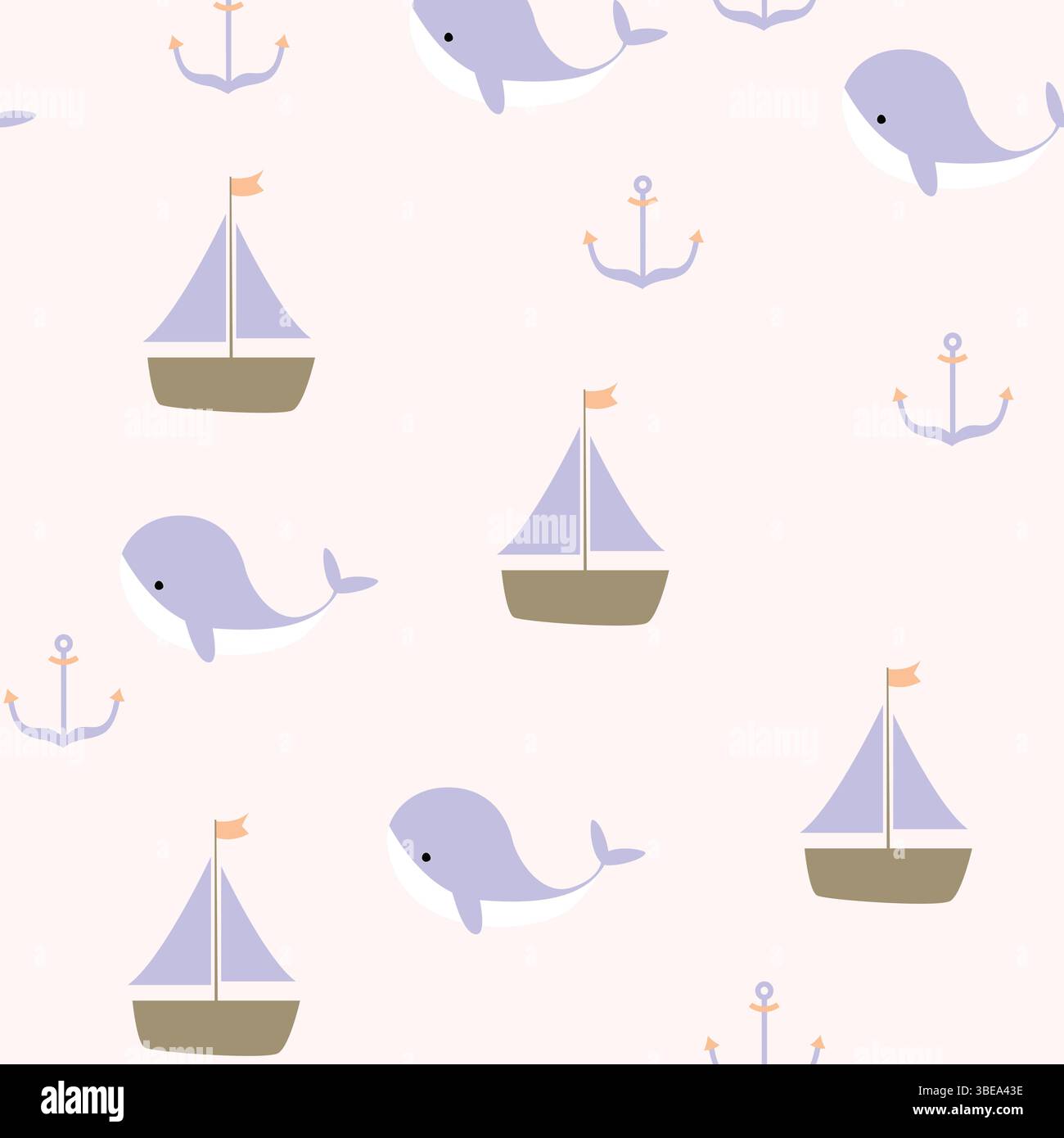 Ein nahtloses nautisches Muster mit niedlichen Walen, Segelbooten und Ankern in sanften Pastellfarben, perfekt für Kindermotive, Tapeten und Stoffe Stock Vektor
