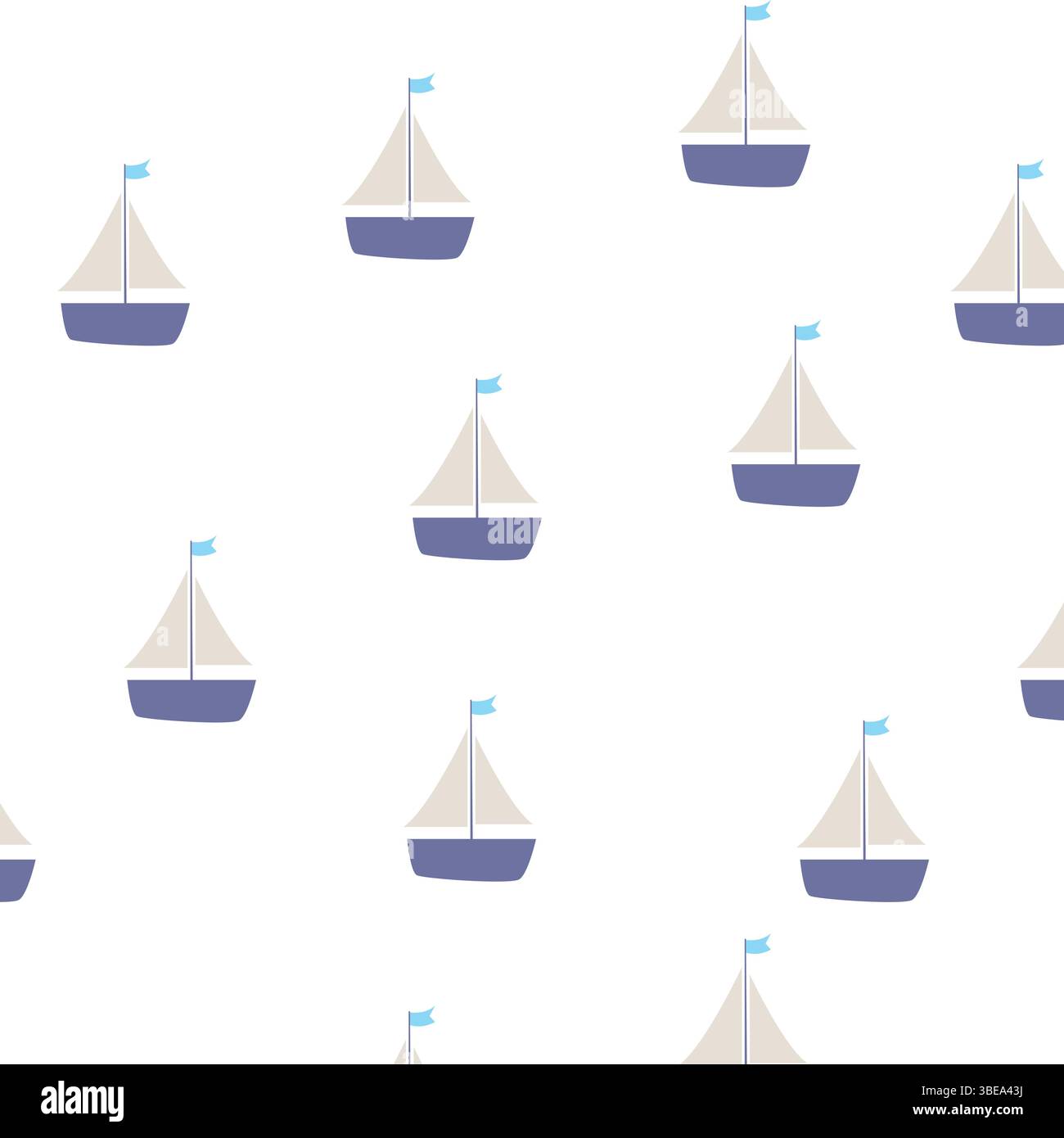Ein sich wiederholendes nautisches Muster mit einfachen Segelbooten mit blauen Flaggen auf weißem Hintergrund, perfekt für Stoffe, Tapeten und Kindermotive Stock Vektor