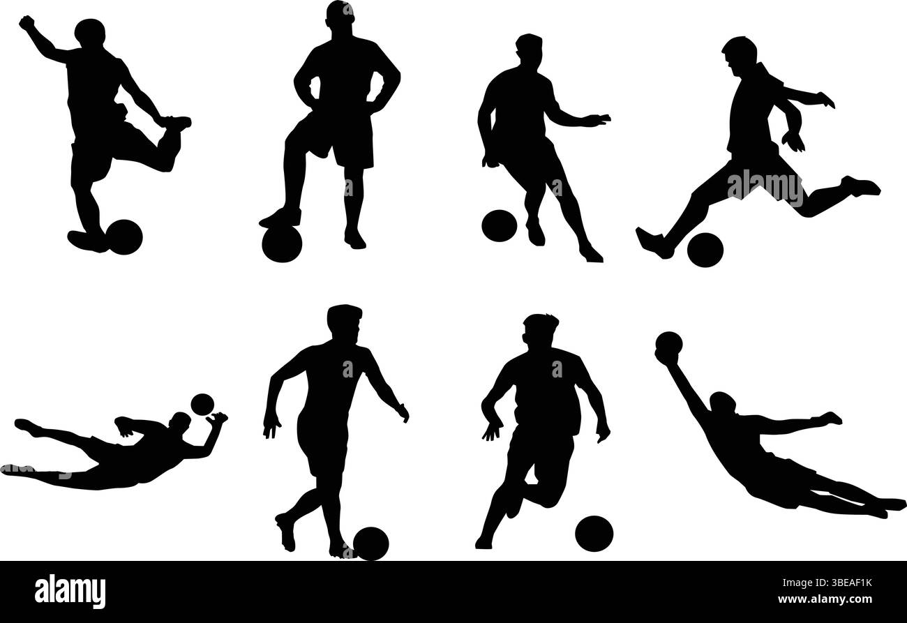 Fußballspieler Silhouette Set - Fußball-Action-Symbol, Laufen, Kicken, Torhalten, Symbol, Etikett, Abzeichen, Logo, Dichtung, Stempel, Unterzeichnen Stock Vektor