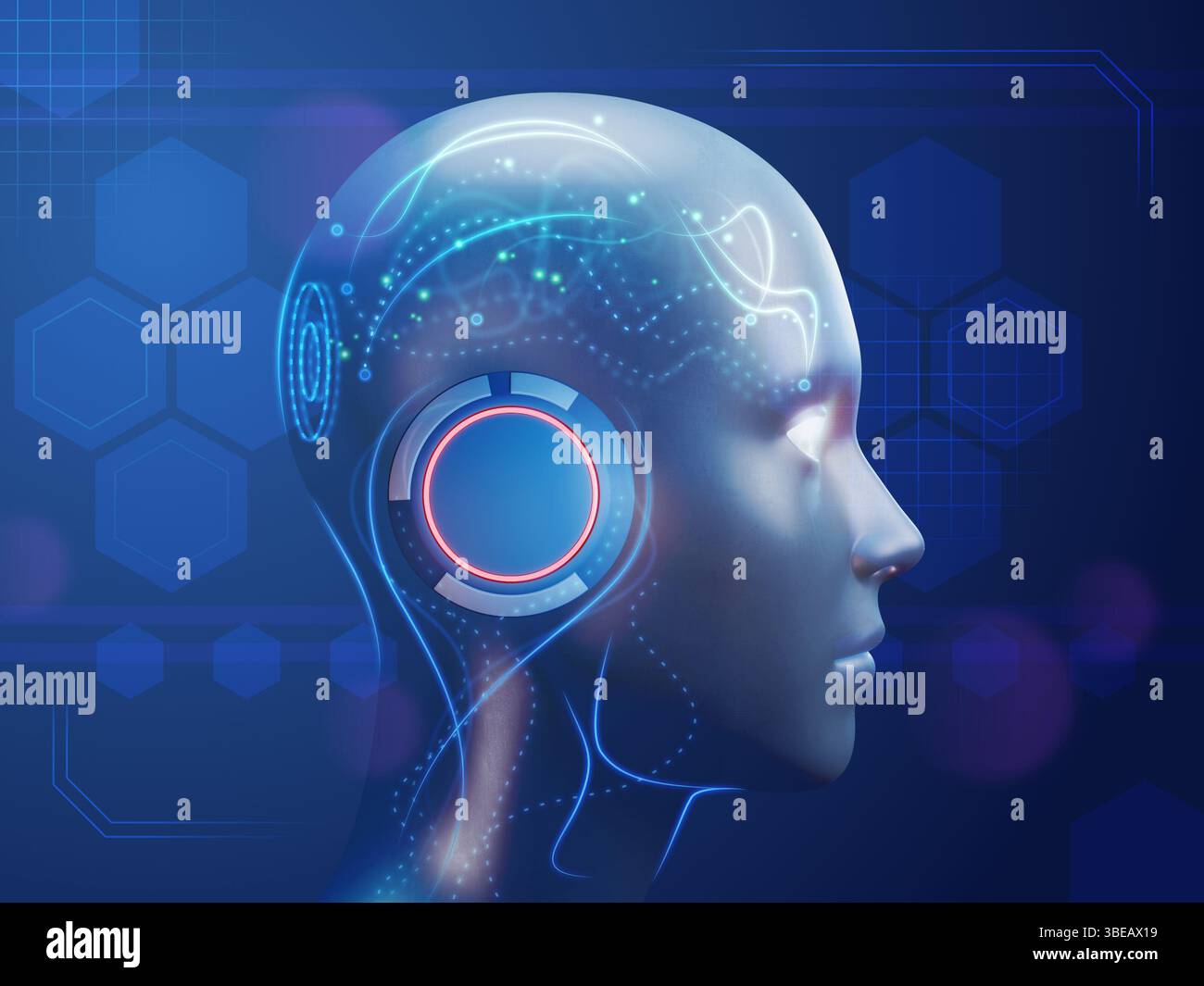 Neuronales Netzwerk imitiert den menschlichen Geist. Digitale Illustration, 3D-Rendering. Stockfoto