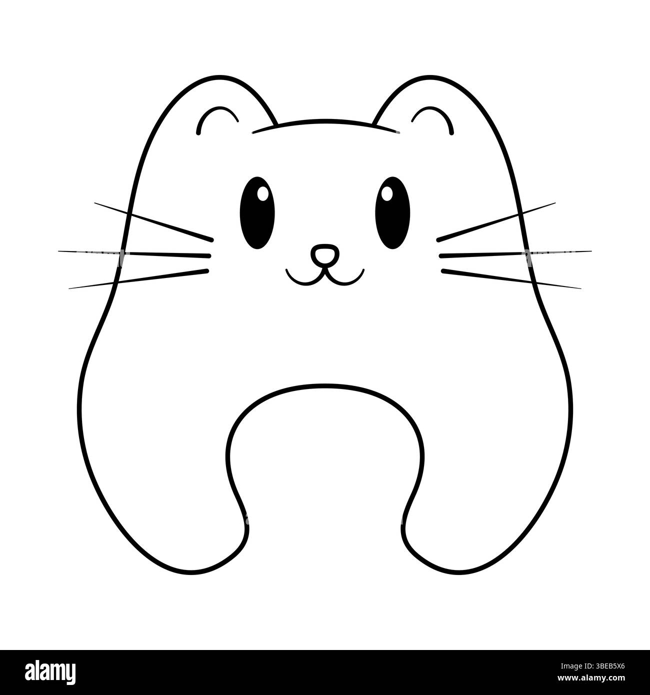 Niedliche Minimalistische Katze. Das Design zeigt eine runde, stilisierte Kontur einer Katze mit großen, ausdrucksstarken Augen, einer winzigen Nase und einem lächelnden Mund. Stock Vektor