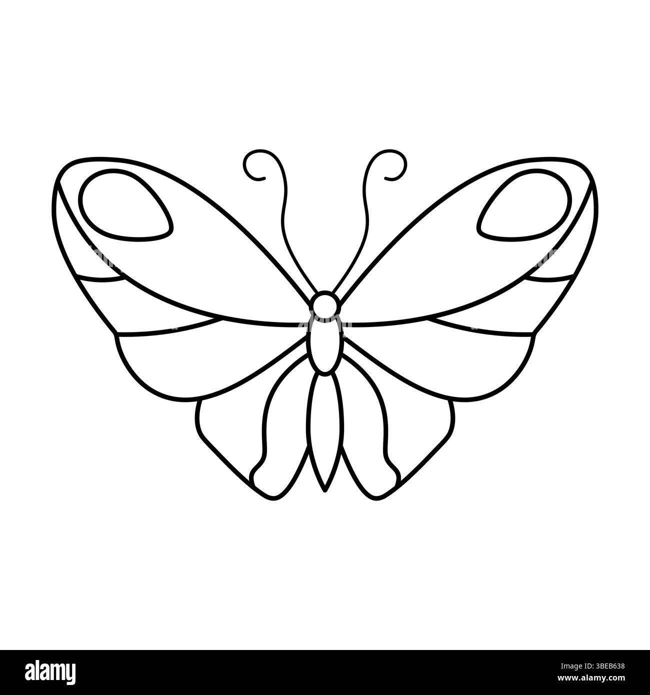 Schmetterling Linie Art Vektor Illustration. Der Schmetterling verfügt über symmetrische Flügel, die mit einfachen geschwungenen und ovalen Mustern verziert sind. Stock Vektor