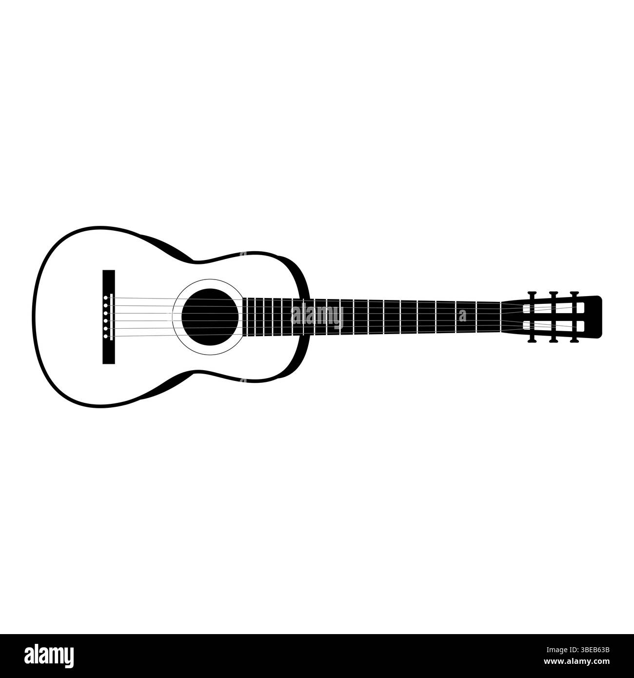 Illustration Zur Silhouette Der Akustischen Gitarre. Soundboard, Saiten, Griffbrett, Stimmstifte und das Soundloch. Stock Vektor