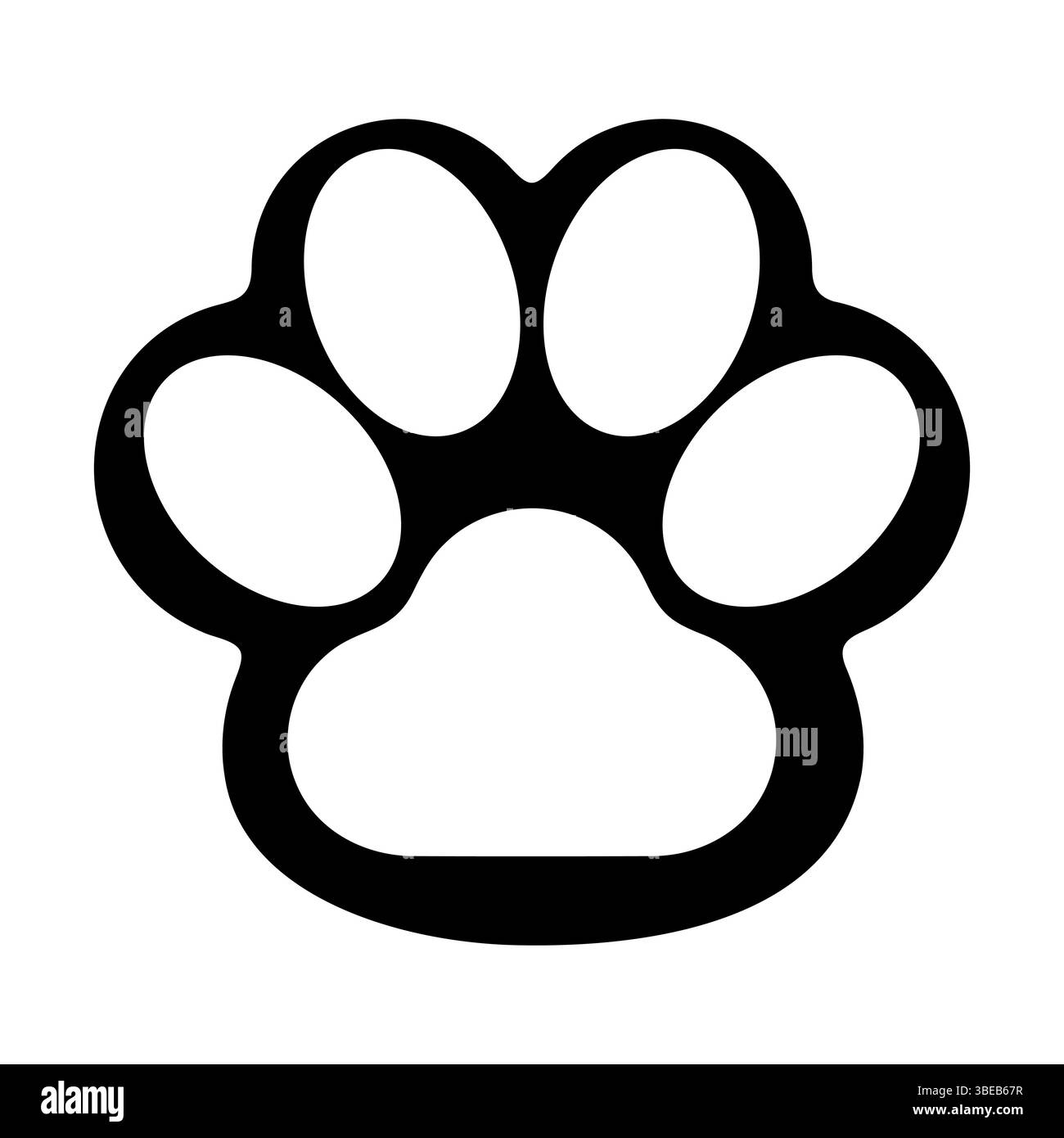 Illustration „Pfotenmuster Silhouette“. Das Design umfasst ein großes Mittelpolster und vier ovale Zehenpolster, die symmetrisch um das Polster angeordnet sind. Stock Vektor