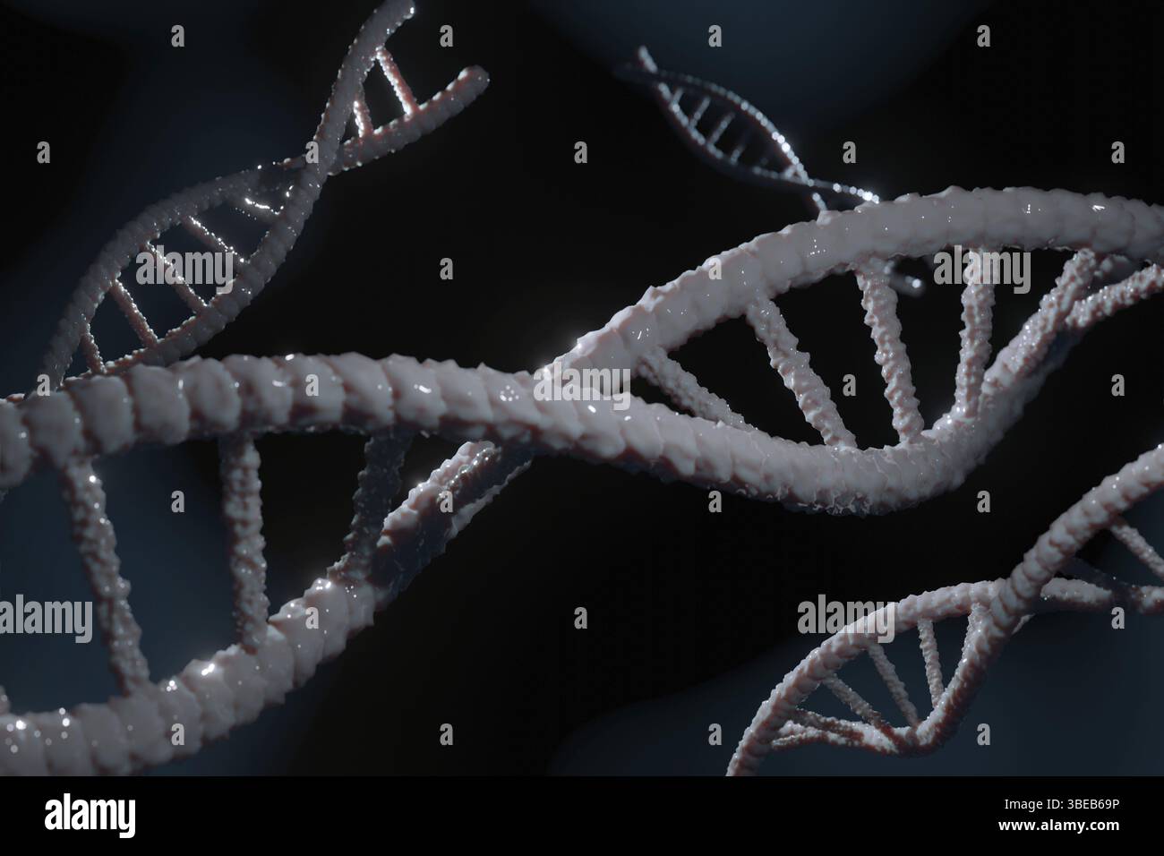DNA-Kette aus nächster Nähe. Genomspirale, Biotechnologie. 3D-Rendering. Hochwertige 3D-Illustration Stockfoto