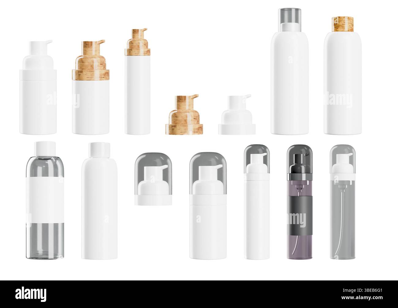 3D-Rendering-Set mit Flaschen für Lotion, Creme oder Serumkosmetik. Nachbildung leerer Behälter für Selbstpflegeprodukte. Hochwertige 3D-Illustration Stockfoto