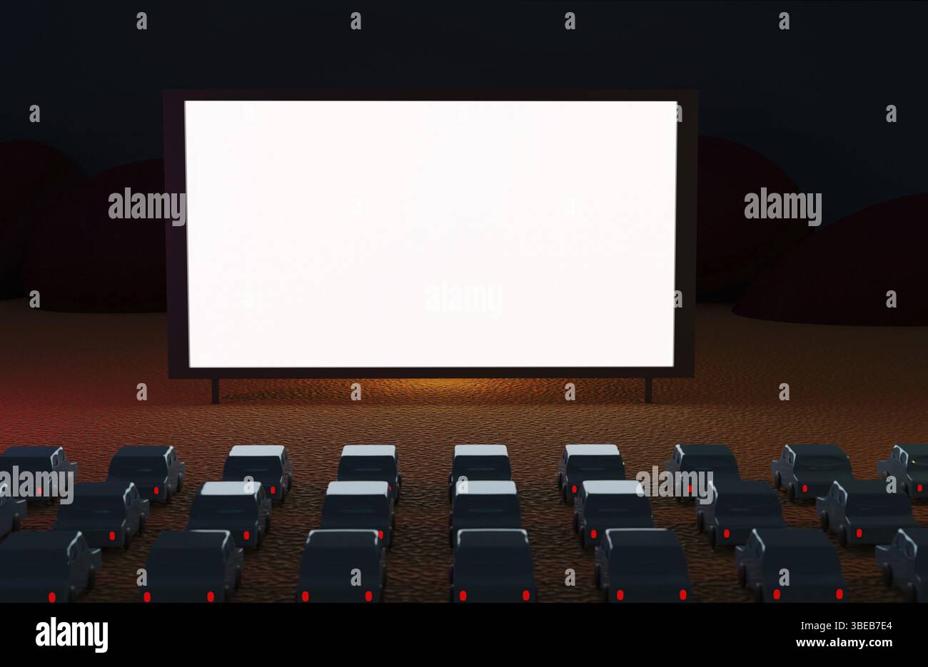 Fahren Sie im Kino mit Autos in der Nacht am Strand. 3d-Rendering. Bildschirmmodell. Hochwertige 3d-Illustration Stockfoto