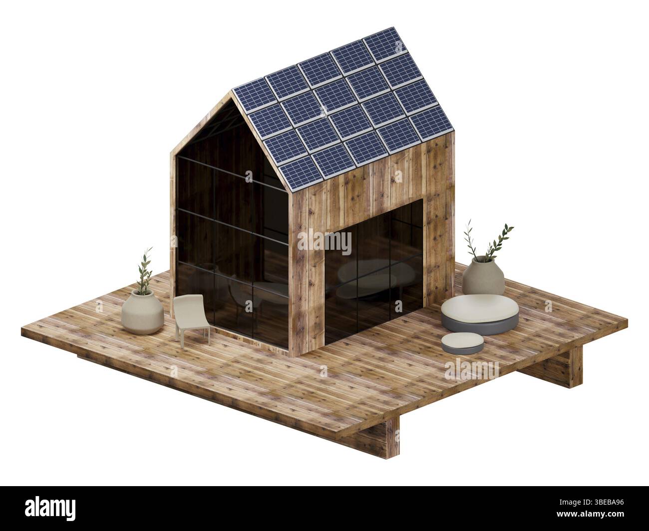 3D-Putz aus Holz WHO-Haus. Modulare Kabine mit Terrasse und Solarpaneelen. Hochwertige 3D-Illustration Stockfoto