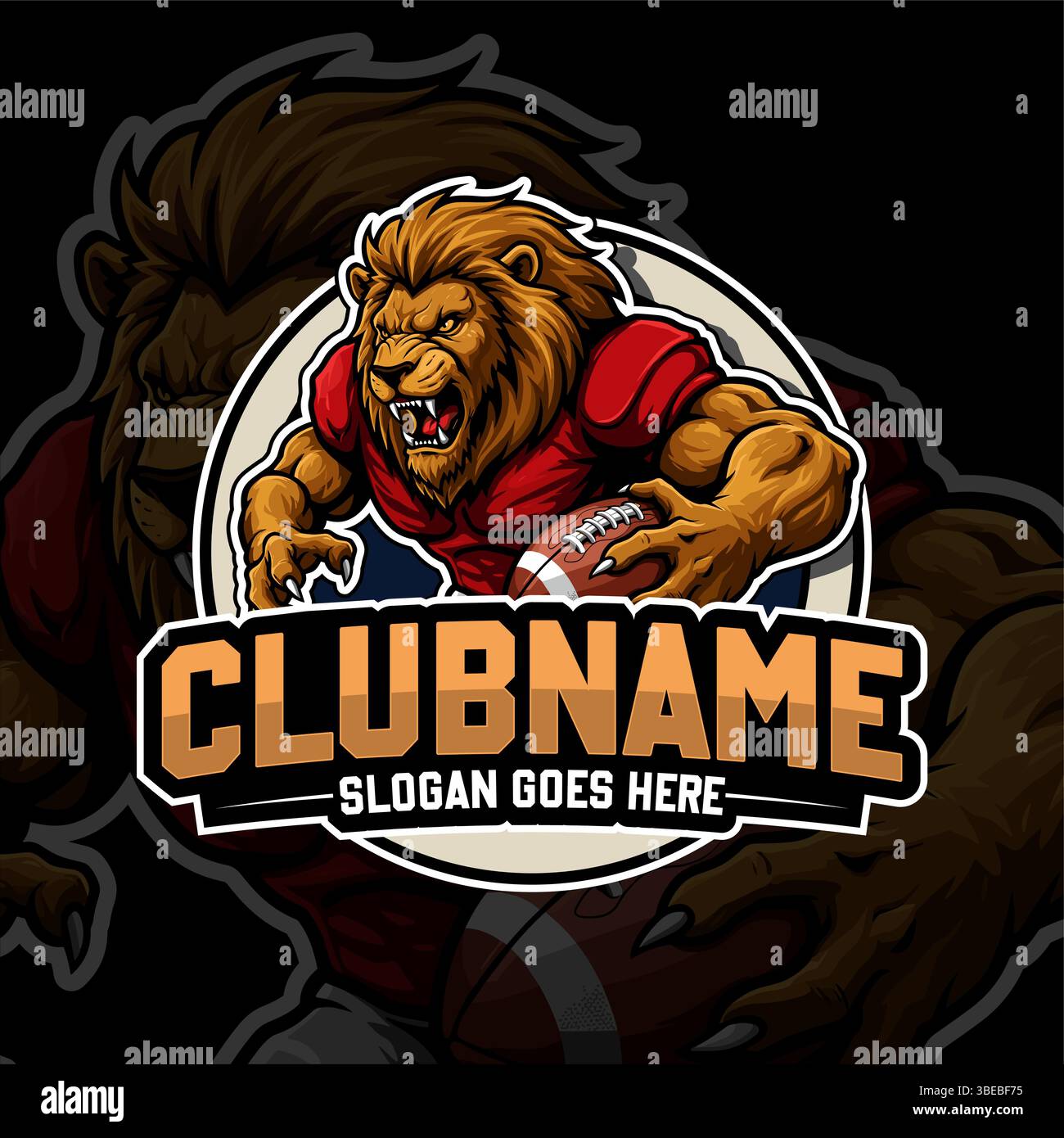 American Football-Logo-Vektor isoliert. Vektorvorlage für Fußball-Logo. American Football mit Löwenmaskottchen, Emblem und Designelement Stock Vektor