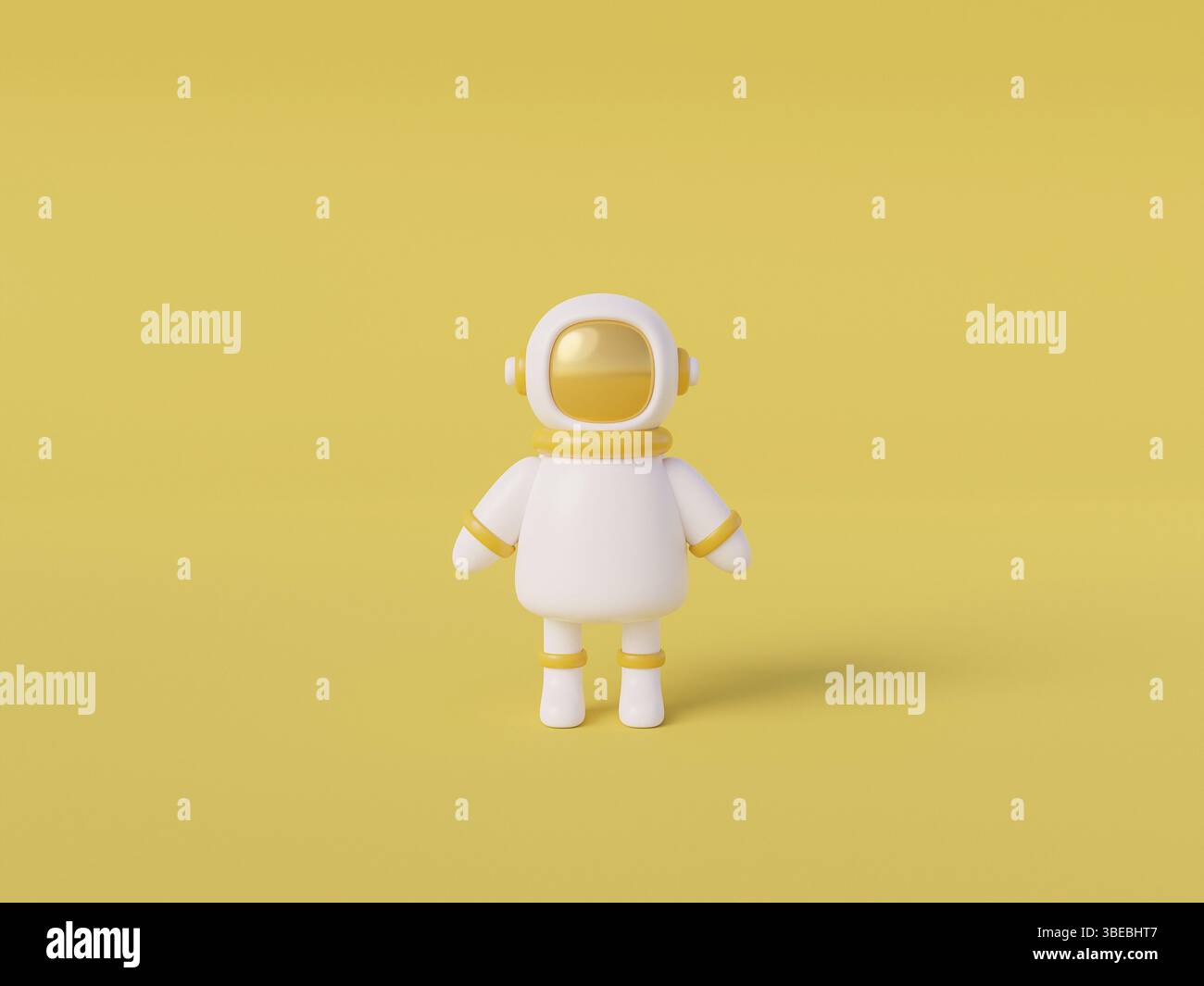 Niedlicher Cartoon-Astronaut auf gelbem Hintergrund. Raumfahrt und Kolonisierungskonzept. 3D-Rendering im minimalen Stil. Hochwertige 3D-Illustration Stockfoto