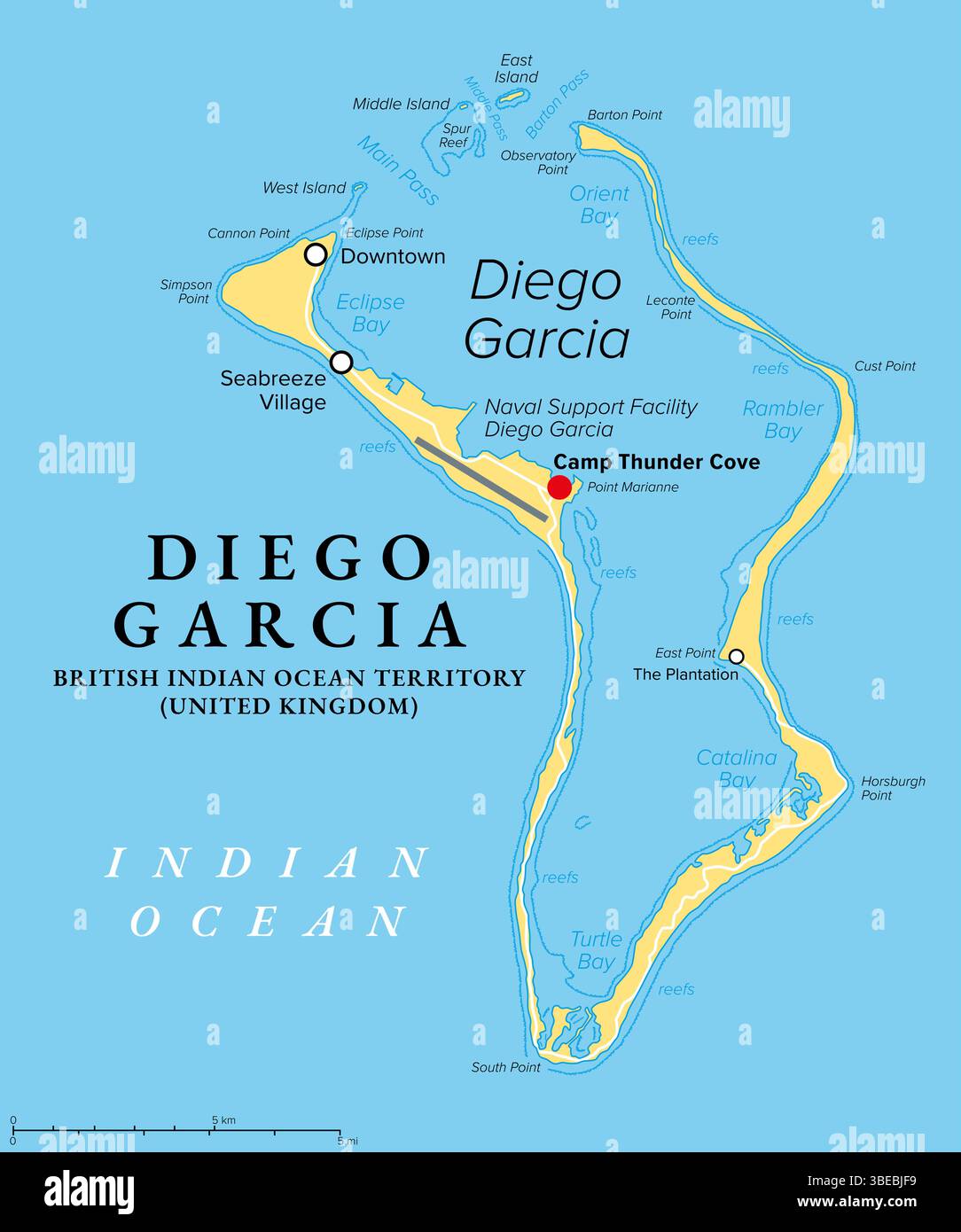 Diego Garcia, die größte Insel des Chagos-Archipels, politische Karte. Britisches Territorium im Indischen Ozean, BIOT. Stockfoto