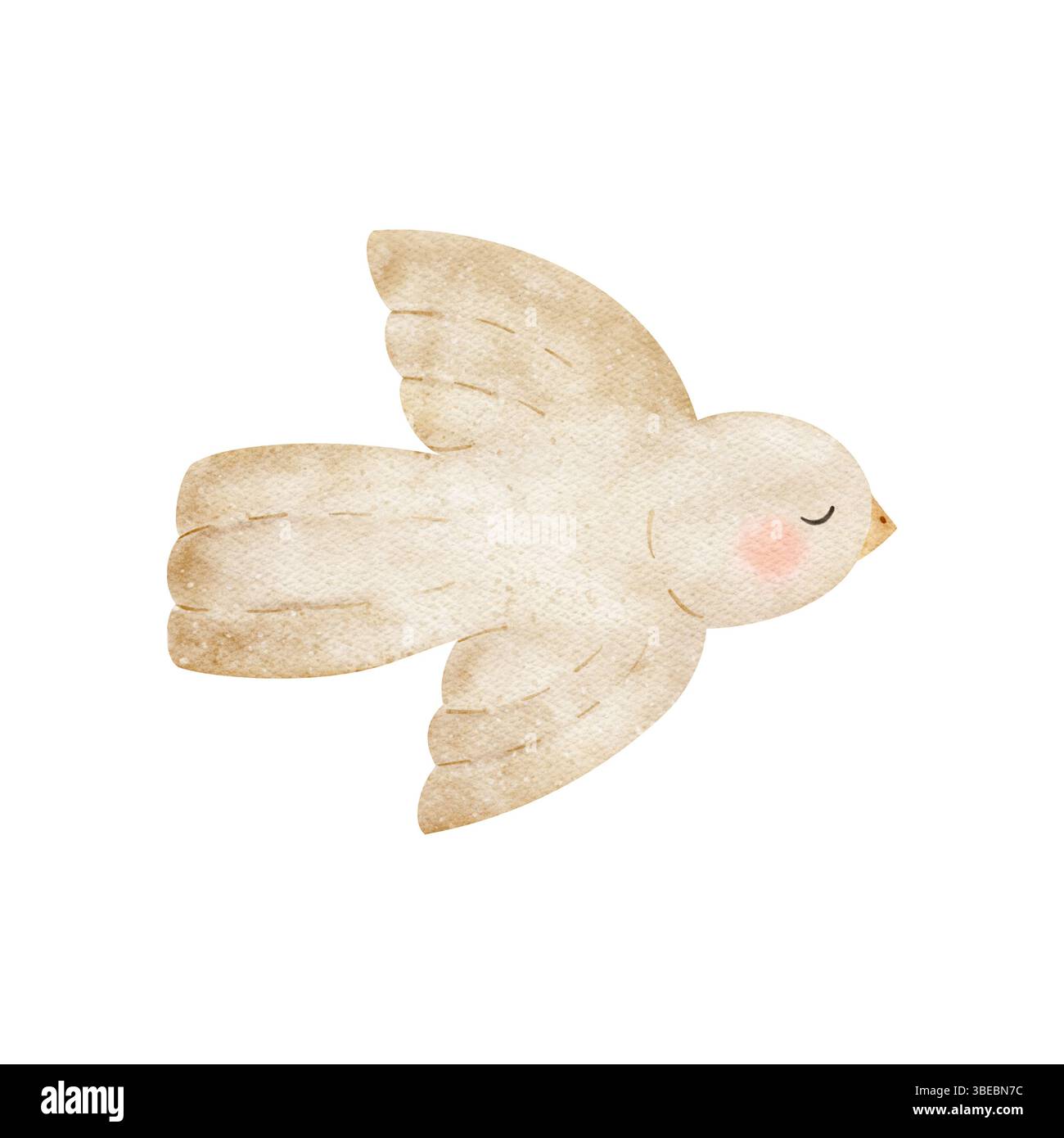 Beige Pastellvogel. Aquarellillustration im Kinderstil. Die stilisierte Zeichnung wird auf transparentem Hintergrund handgezeichnet, um Karten und Poster zu entwerfen Stockfoto